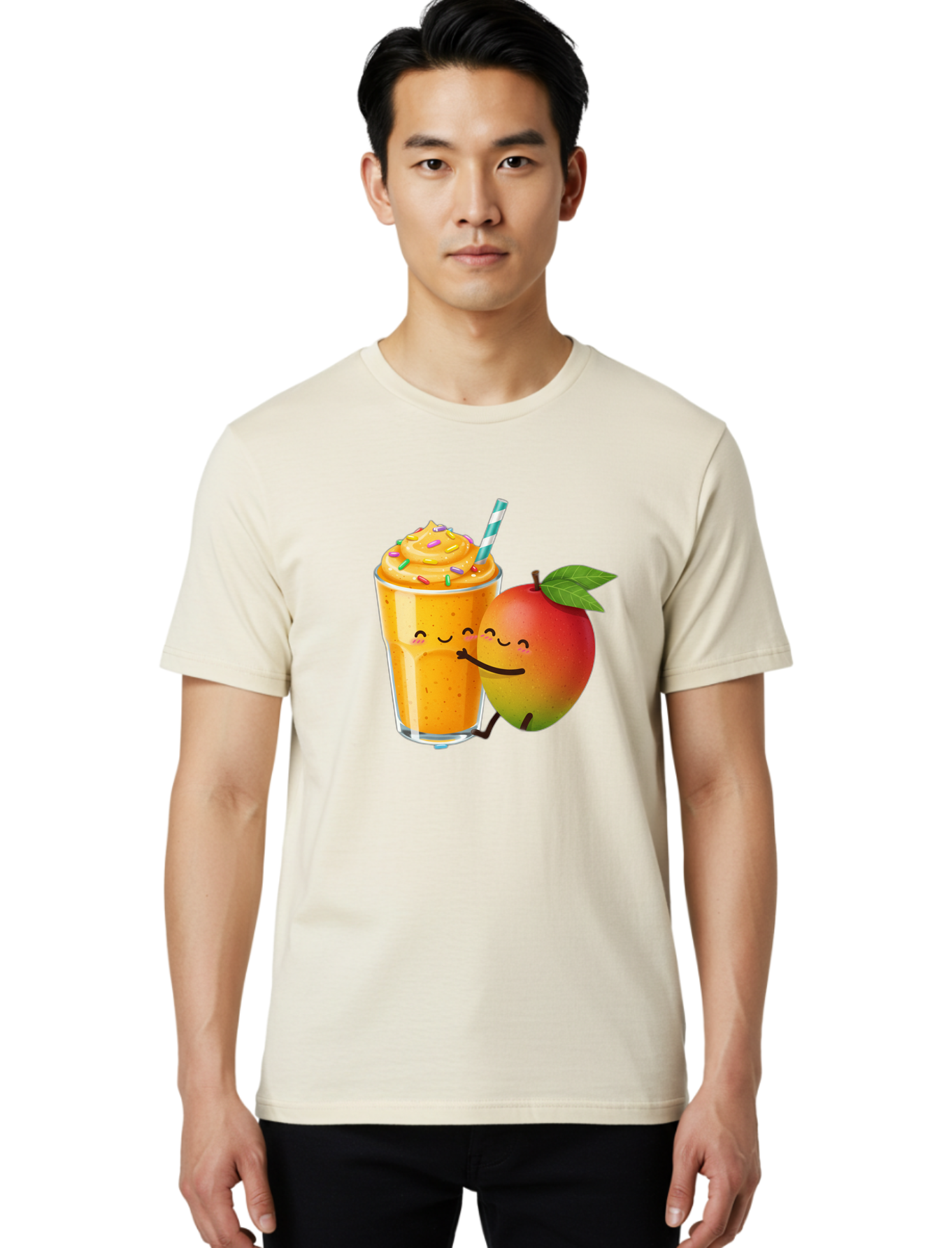 Mango-Smoothie-2 Men'S Graphic Tee, 100% Cotton, Comfortable Casual Summer Wear, Machine Washable, Mango Smoothie, Yellow Drink, Sprinkles On Top, Blue Straw, Cartoon Mango, Smiling Fruit, Happy Beverage, Tasty Treat, Refreshing Drink, Bac154