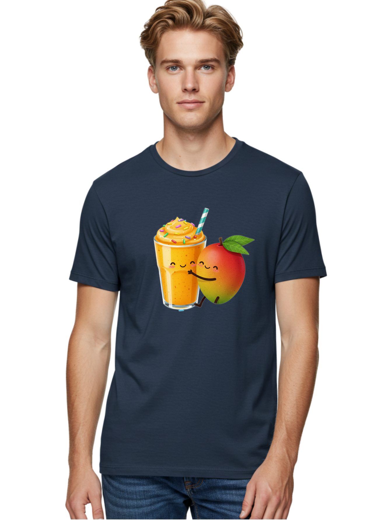Mango-Smoothie-2 Men'S Graphic Tee, 100% Cotton, Comfortable Casual Summer Wear, Machine Washable, Mango Smoothie, Yellow Drink, Sprinkles On Top, Blue Straw, Cartoon Mango, Smiling Fruit, Happy Beverage, Tasty Treat, Refreshing Drink, Bac154