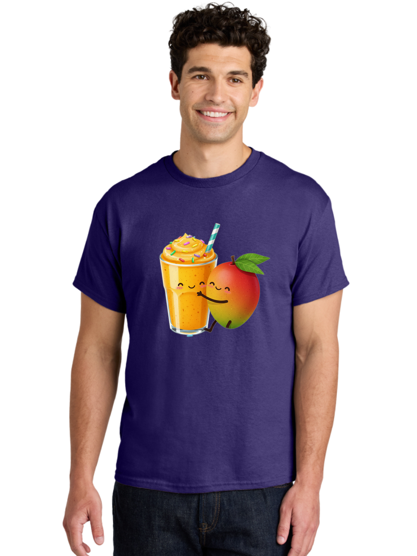 Mango-Smoothie-2 Men'S Graphic Tee, 100% Cotton, Comfortable Casual Summer Wear, Machine Washable, Mango Smoothie, Yellow Drink, Sprinkles On Top, Blue Straw, Cartoon Mango, Smiling Fruit, Happy Beverage, Tasty Treat, Refreshing Drink, Bac154