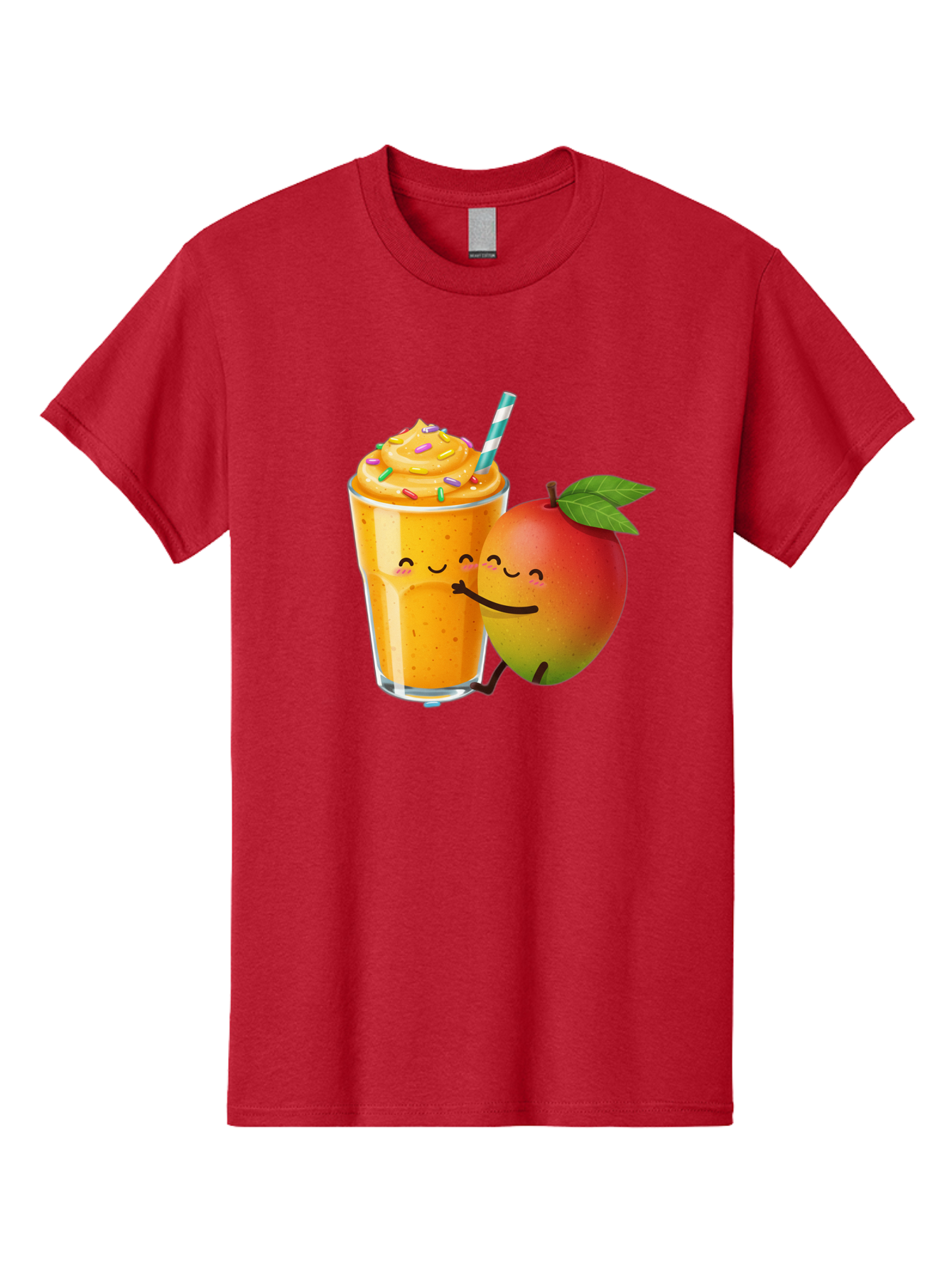 Mango-Smoothie-2 Men'S Graphic Tee, 100% Cotton, Comfortable Casual Summer Wear, Machine Washable, Mango Smoothie, Yellow Drink, Sprinkles On Top, Blue Straw, Cartoon Mango, Smiling Fruit, Happy Beverage, Tasty Treat, Refreshing Drink, Bac154