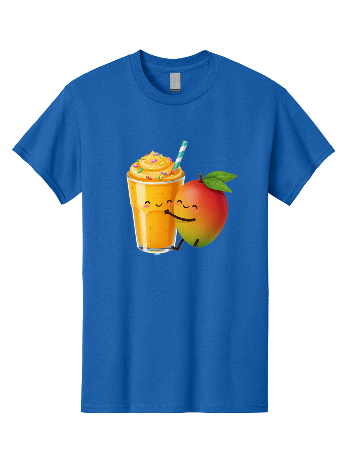 Mango-Smoothie-2 Men'S Graphic Tee, 100% Cotton, Comfortable Casual Summer Wear, Machine Washable, Mango Smoothie, Yellow Drink, Sprinkles On Top, Blue Straw, Cartoon Mango, Smiling Fruit, Happy Beverage, Tasty Treat, Refreshing Drink, Bac154