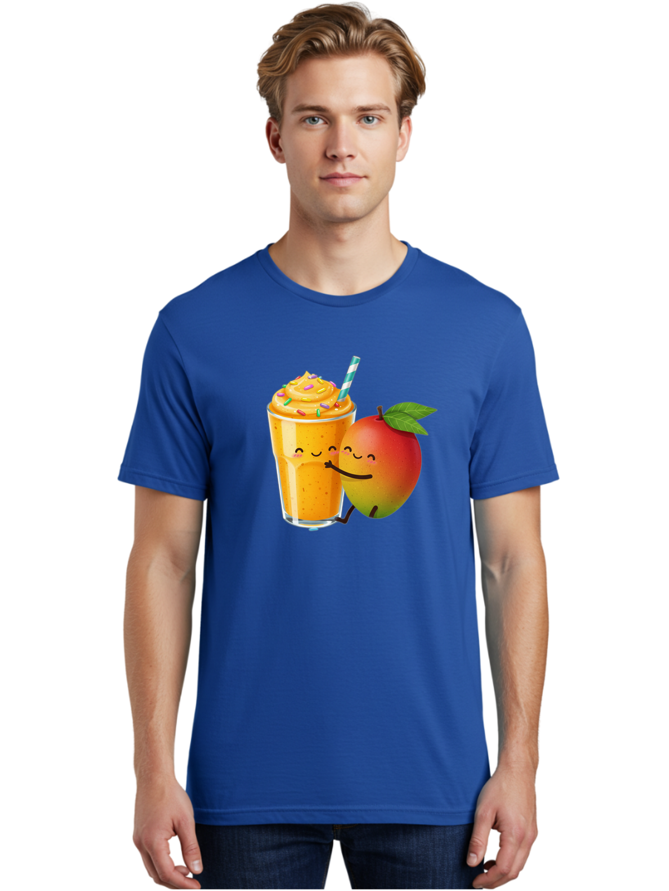 Mango-Smoothie-2 Men'S Graphic Tee, 100% Cotton, Comfortable Casual Summer Wear, Machine Washable, Mango Smoothie, Yellow Drink, Sprinkles On Top, Blue Straw, Cartoon Mango, Smiling Fruit, Happy Beverage, Tasty Treat, Refreshing Drink, Bac154