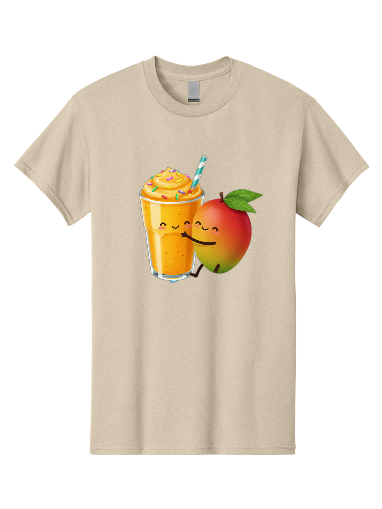 Mango-Smoothie-2 Men'S Graphic Tee, 100% Cotton, Comfortable Casual Summer Wear, Machine Washable, Mango Smoothie, Yellow Drink, Sprinkles On Top, Blue Straw, Cartoon Mango, Smiling Fruit, Happy Beverage, Tasty Treat, Refreshing Drink, Bac154