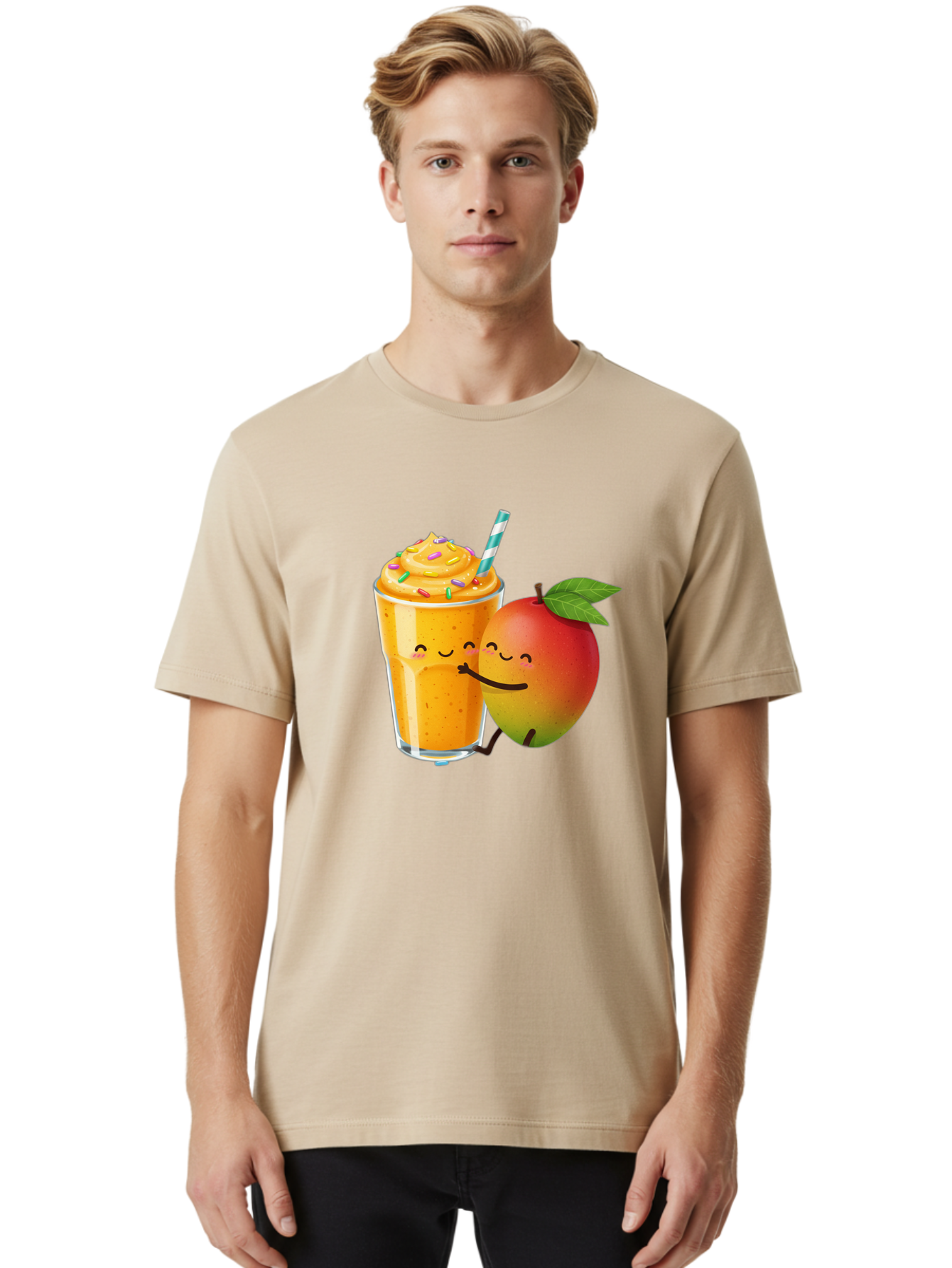 Mango-Smoothie-2 Men'S Graphic Tee, 100% Cotton, Comfortable Casual Summer Wear, Machine Washable, Mango Smoothie, Yellow Drink, Sprinkles On Top, Blue Straw, Cartoon Mango, Smiling Fruit, Happy Beverage, Tasty Treat, Refreshing Drink, Bac154