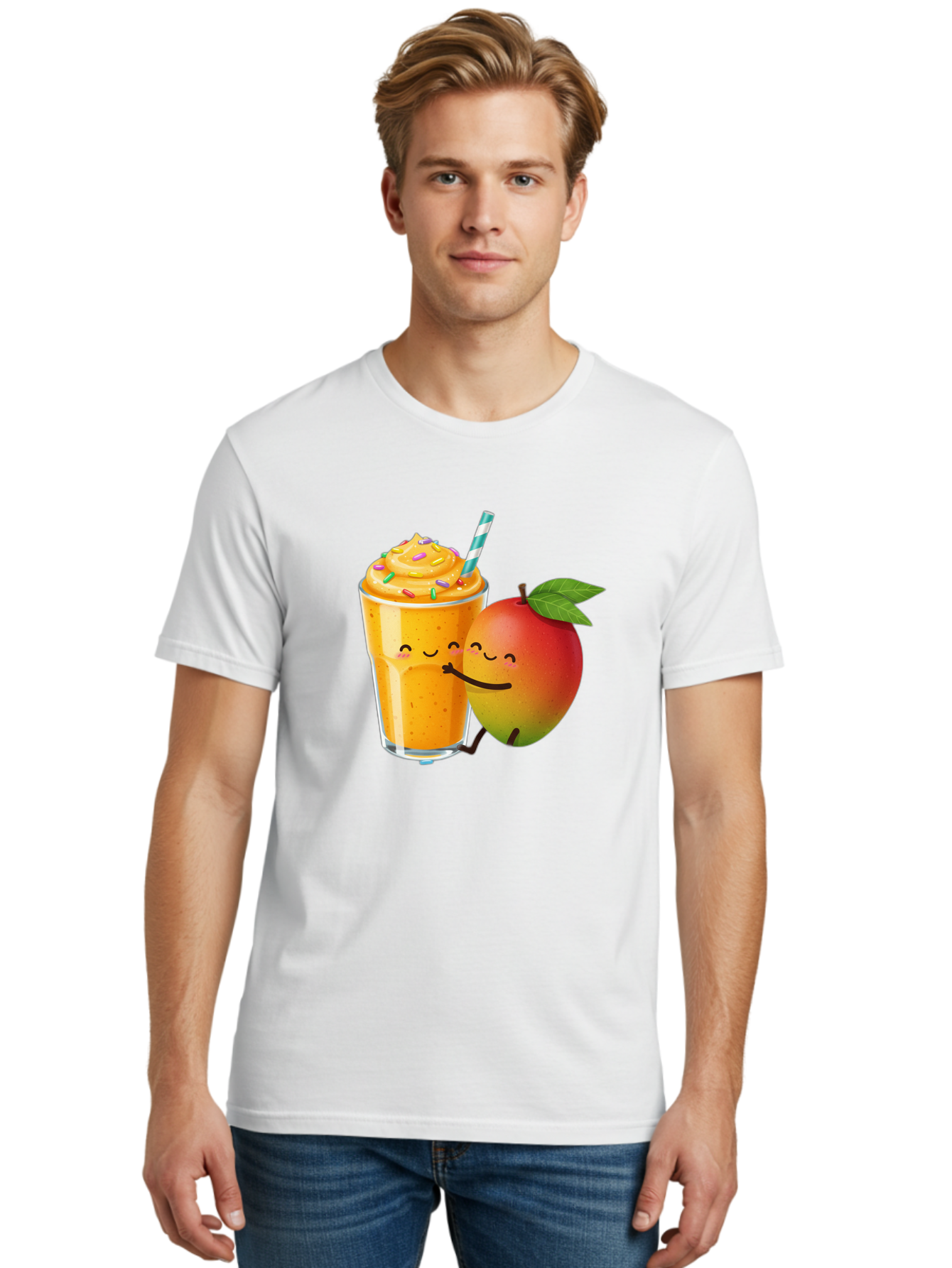 Mango-Smoothie-2 Men'S Graphic Tee, 100% Cotton, Comfortable Casual Summer Wear, Machine Washable, Mango Smoothie, Yellow Drink, Sprinkles On Top, Blue Straw, Cartoon Mango, Smiling Fruit, Happy Beverage, Tasty Treat, Refreshing Drink, Bac154