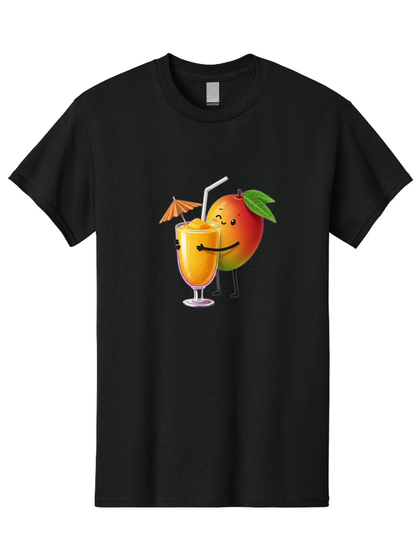 Mango-Smoothie-3 Men'S Graphic Tee, 100% Cotton, Comfortable Casual Summer Wear, Machine Washable, Mango Character, Smiling Face, Orange Drink, Straw, Umbrella, Cartoon Style, Funny, Vibrant Orange, Tropical Flavors, Happy Emoji, Smoothie, Bac155