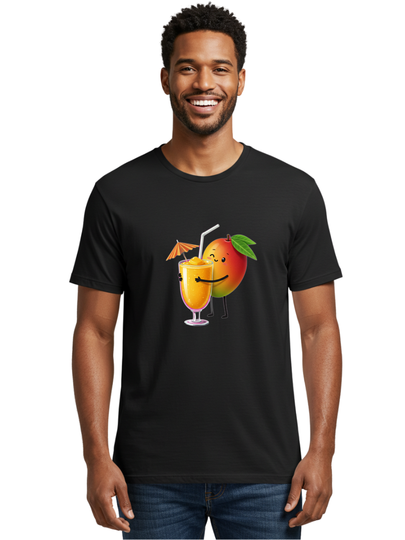 Mango-Smoothie-3 Men'S Graphic Tee, 100% Cotton, Comfortable Casual Summer Wear, Machine Washable, Mango Character, Smiling Face, Orange Drink, Straw, Umbrella, Cartoon Style, Funny, Vibrant Orange, Tropical Flavors, Happy Emoji, Smoothie, Bac155