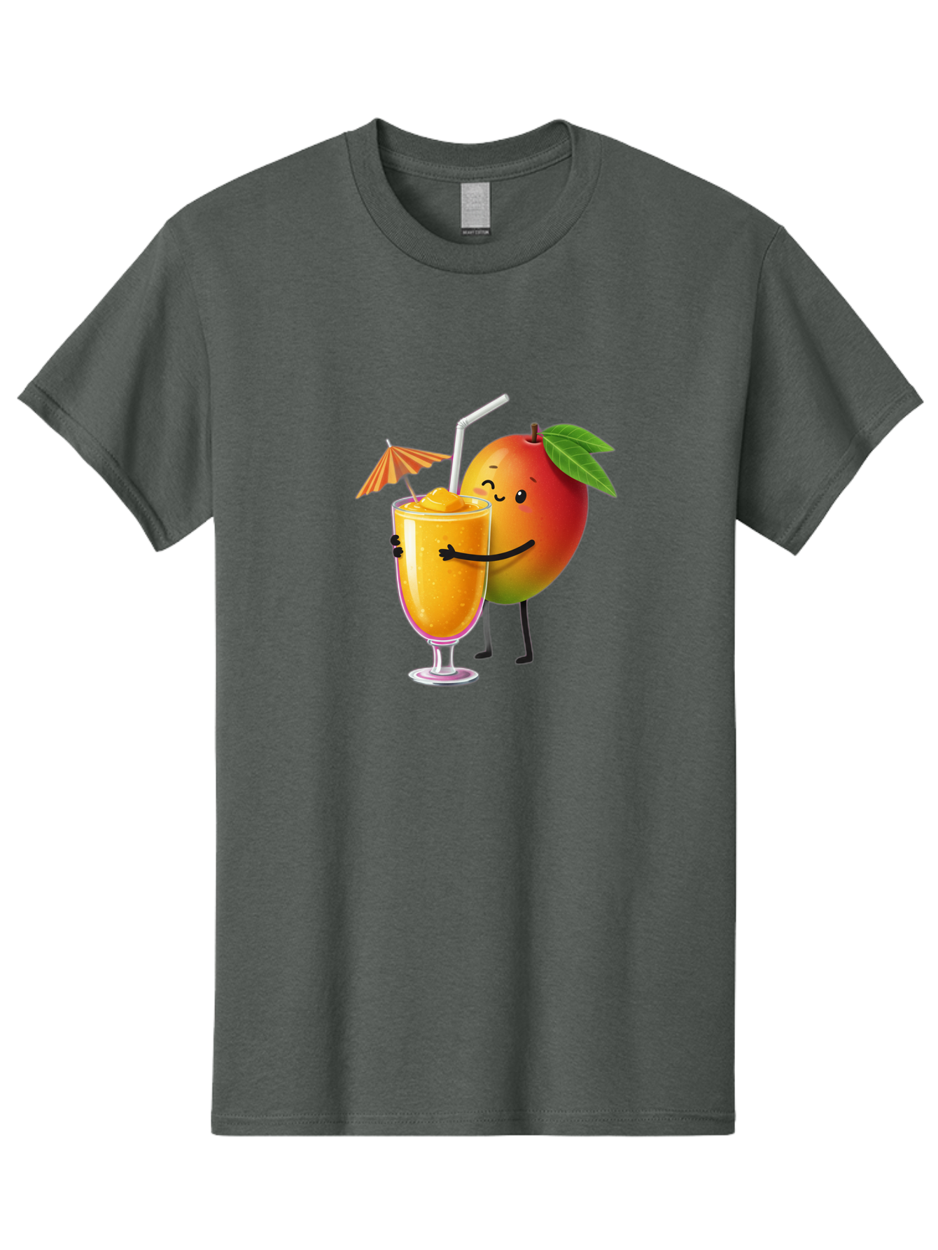 Mango-Smoothie-3 Men'S Graphic Tee, 100% Cotton, Comfortable Casual Summer Wear, Machine Washable, Mango Character, Smiling Face, Orange Drink, Straw, Umbrella, Cartoon Style, Funny, Vibrant Orange, Tropical Flavors, Happy Emoji, Smoothie, Bac155