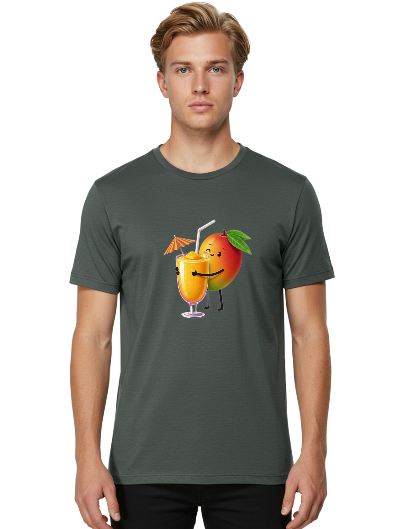 Mango-Smoothie-3 Men'S Graphic Tee, 100% Cotton, Comfortable Casual Summer Wear, Machine Washable, Mango Character, Smiling Face, Orange Drink, Straw, Umbrella, Cartoon Style, Funny, Vibrant Orange, Tropical Flavors, Happy Emoji, Smoothie, Bac155