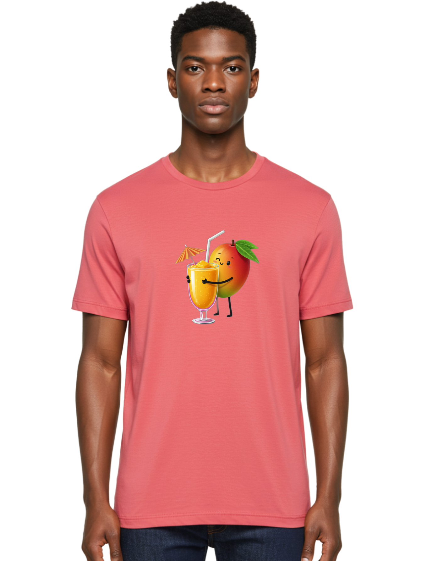 Mango-Smoothie-3 Men'S Graphic Tee, 100% Cotton, Comfortable Casual Summer Wear, Machine Washable, Mango Character, Smiling Face, Orange Drink, Straw, Umbrella, Cartoon Style, Funny, Vibrant Orange, Tropical Flavors, Happy Emoji, Smoothie, Bac155