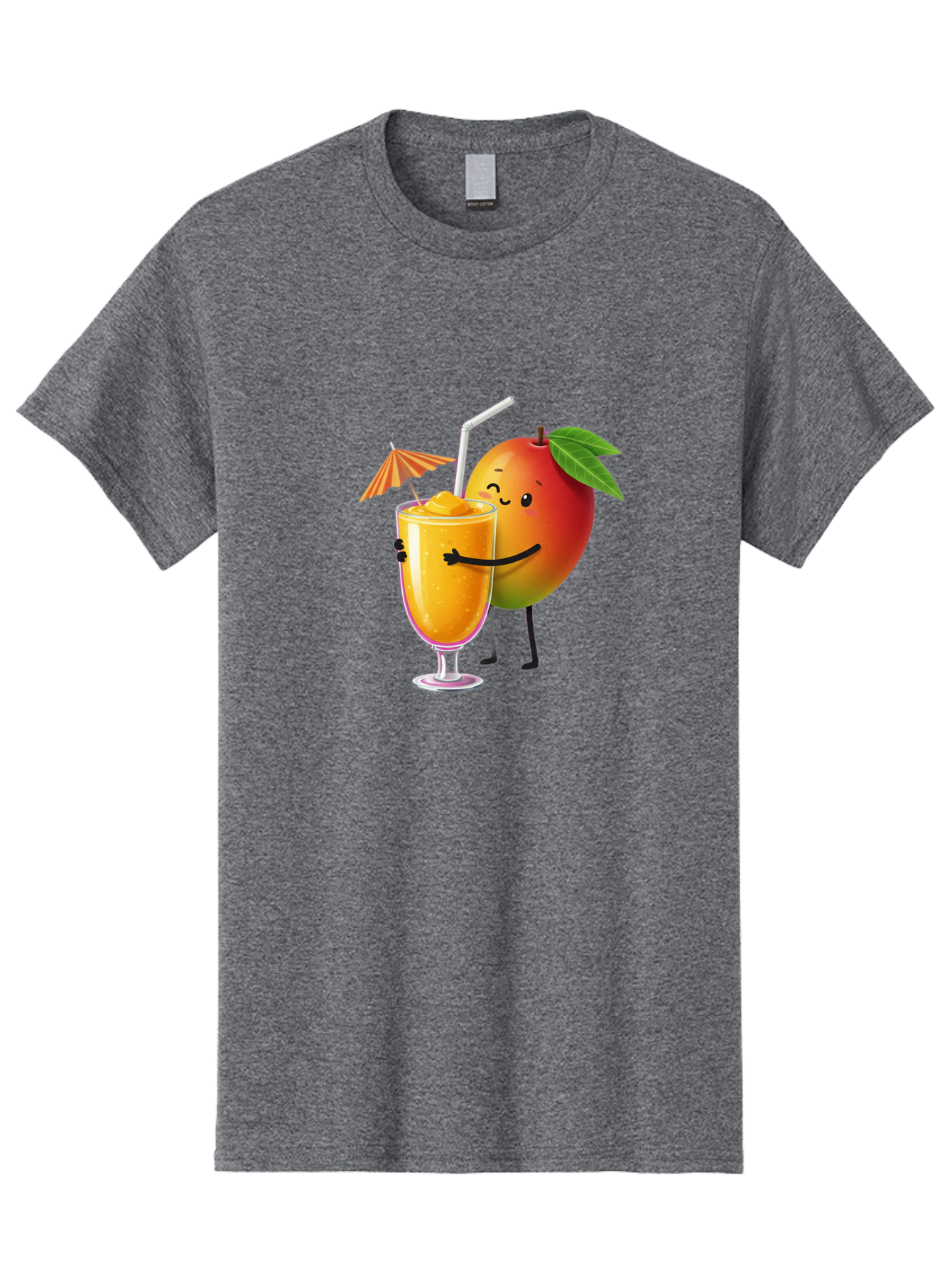 Mango-Smoothie-3 Men'S Graphic Tee, 100% Cotton, Comfortable Casual Summer Wear, Machine Washable, Mango Character, Smiling Face, Orange Drink, Straw, Umbrella, Cartoon Style, Funny, Vibrant Orange, Tropical Flavors, Happy Emoji, Smoothie, Bac155