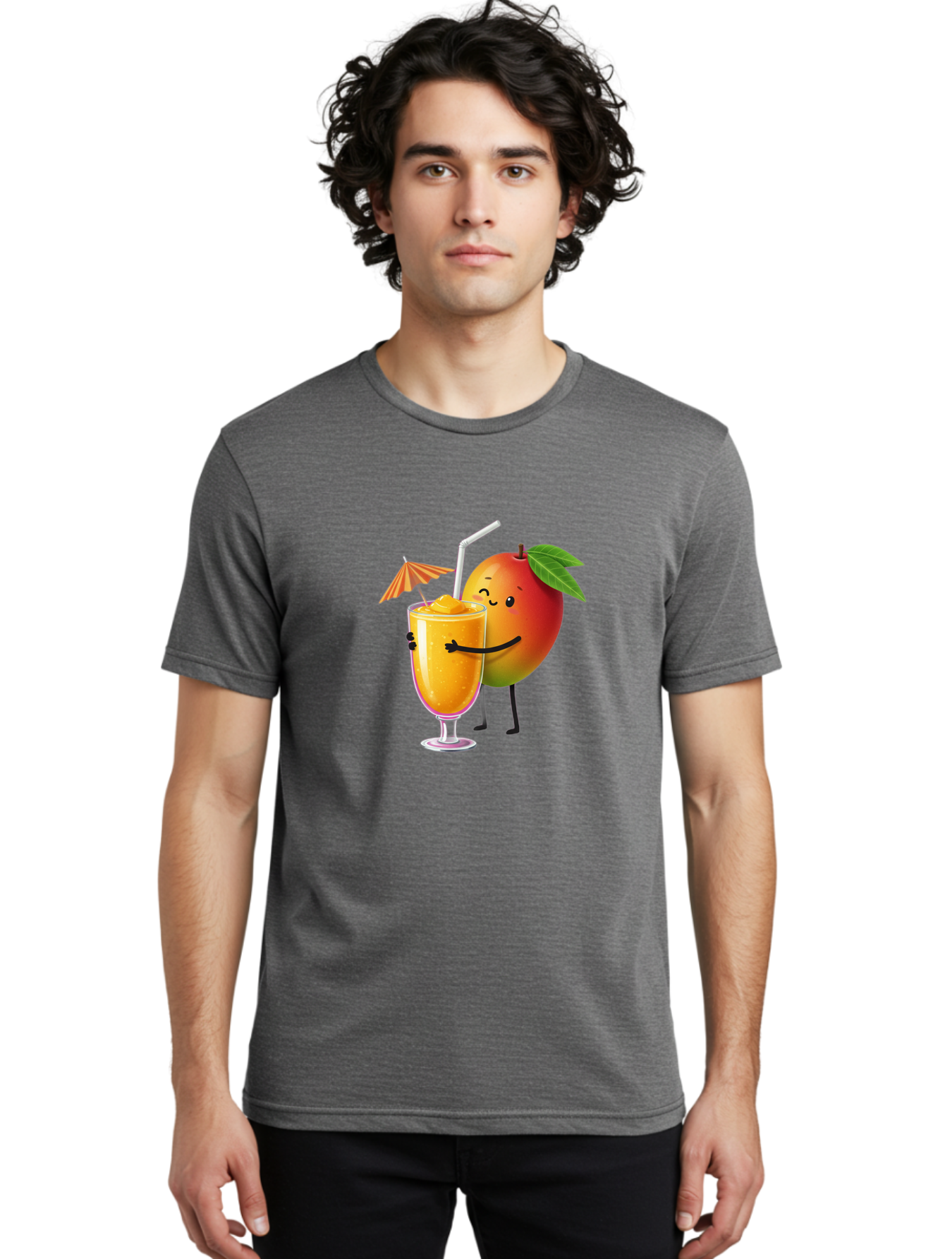 Mango-Smoothie-3 Men'S Graphic Tee, 100% Cotton, Comfortable Casual Summer Wear, Machine Washable, Mango Character, Smiling Face, Orange Drink, Straw, Umbrella, Cartoon Style, Funny, Vibrant Orange, Tropical Flavors, Happy Emoji, Smoothie, Bac155