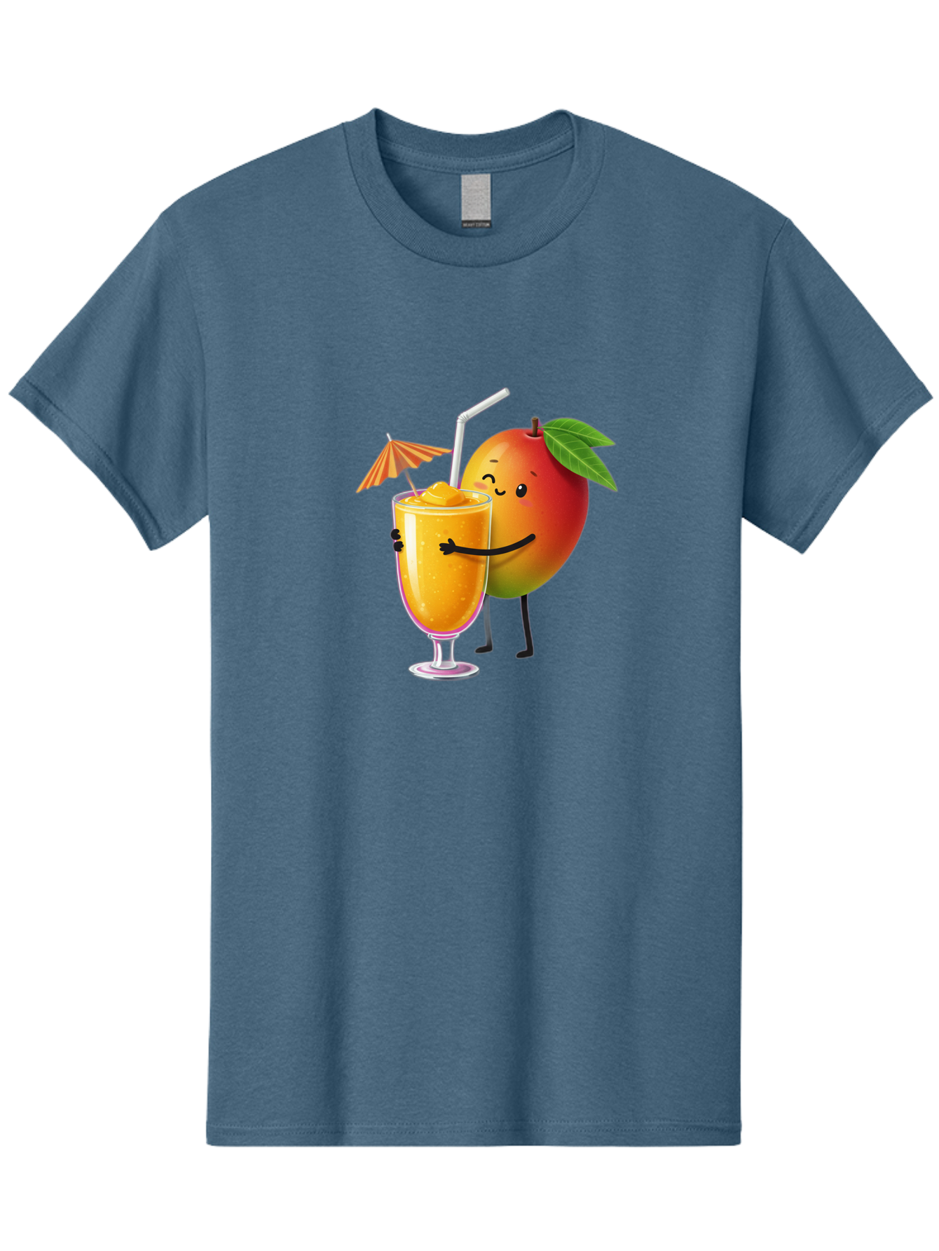 Mango-Smoothie-3 Men'S Graphic Tee, 100% Cotton, Comfortable Casual Summer Wear, Machine Washable, Mango Character, Smiling Face, Orange Drink, Straw, Umbrella, Cartoon Style, Funny, Vibrant Orange, Tropical Flavors, Happy Emoji, Smoothie, Bac155