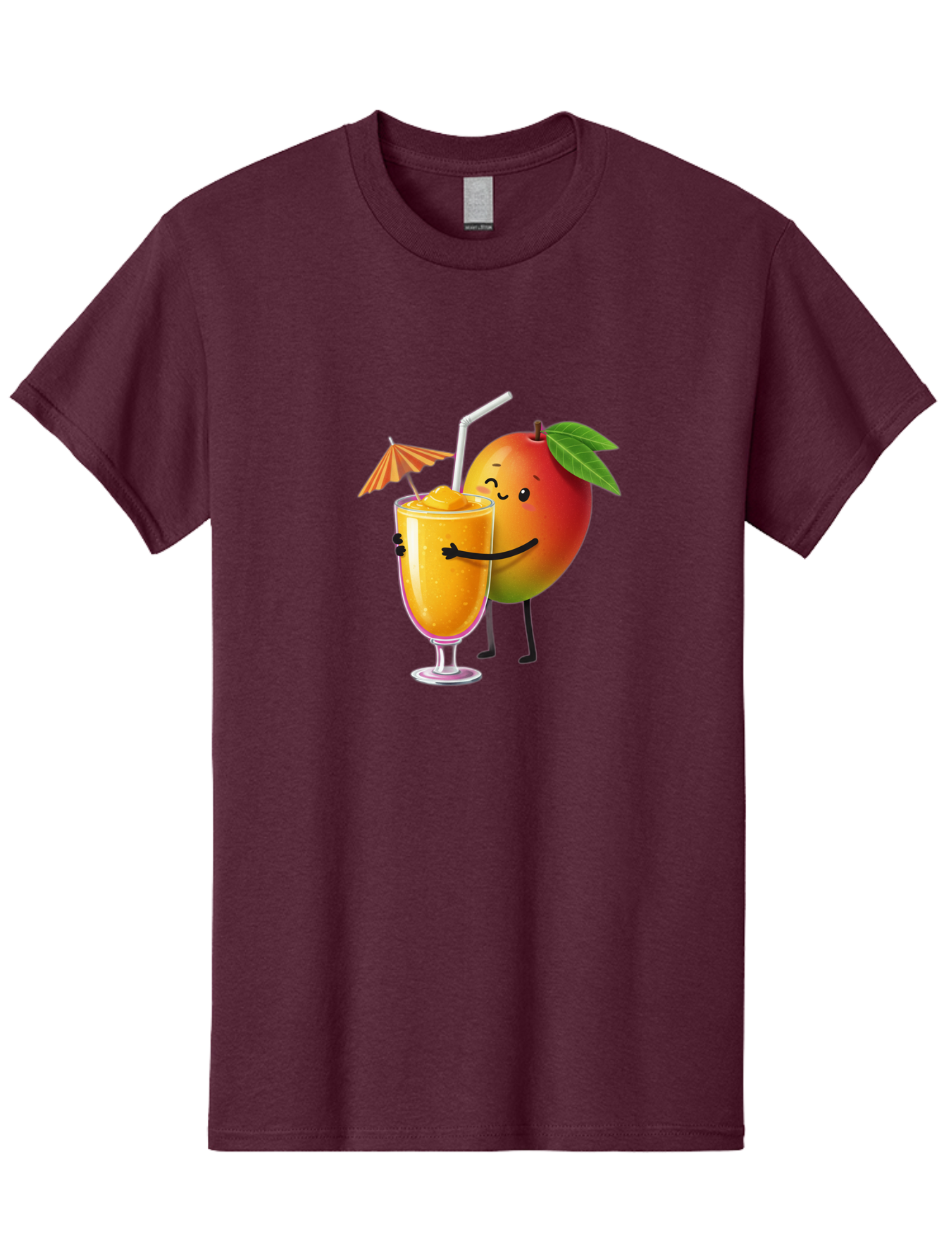 Mango-Smoothie-3 Men'S Graphic Tee, 100% Cotton, Comfortable Casual Summer Wear, Machine Washable, Mango Character, Smiling Face, Orange Drink, Straw, Umbrella, Cartoon Style, Funny, Vibrant Orange, Tropical Flavors, Happy Emoji, Smoothie, Bac155