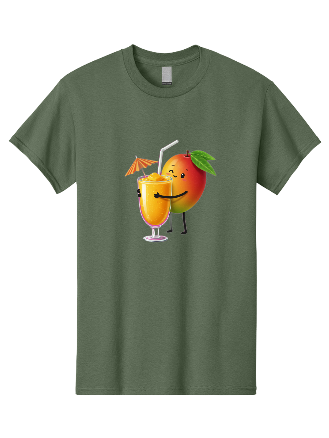 Mango-Smoothie-3 Men'S Graphic Tee, 100% Cotton, Comfortable Casual Summer Wear, Machine Washable, Mango Character, Smiling Face, Orange Drink, Straw, Umbrella, Cartoon Style, Funny, Vibrant Orange, Tropical Flavors, Happy Emoji, Smoothie, Bac155