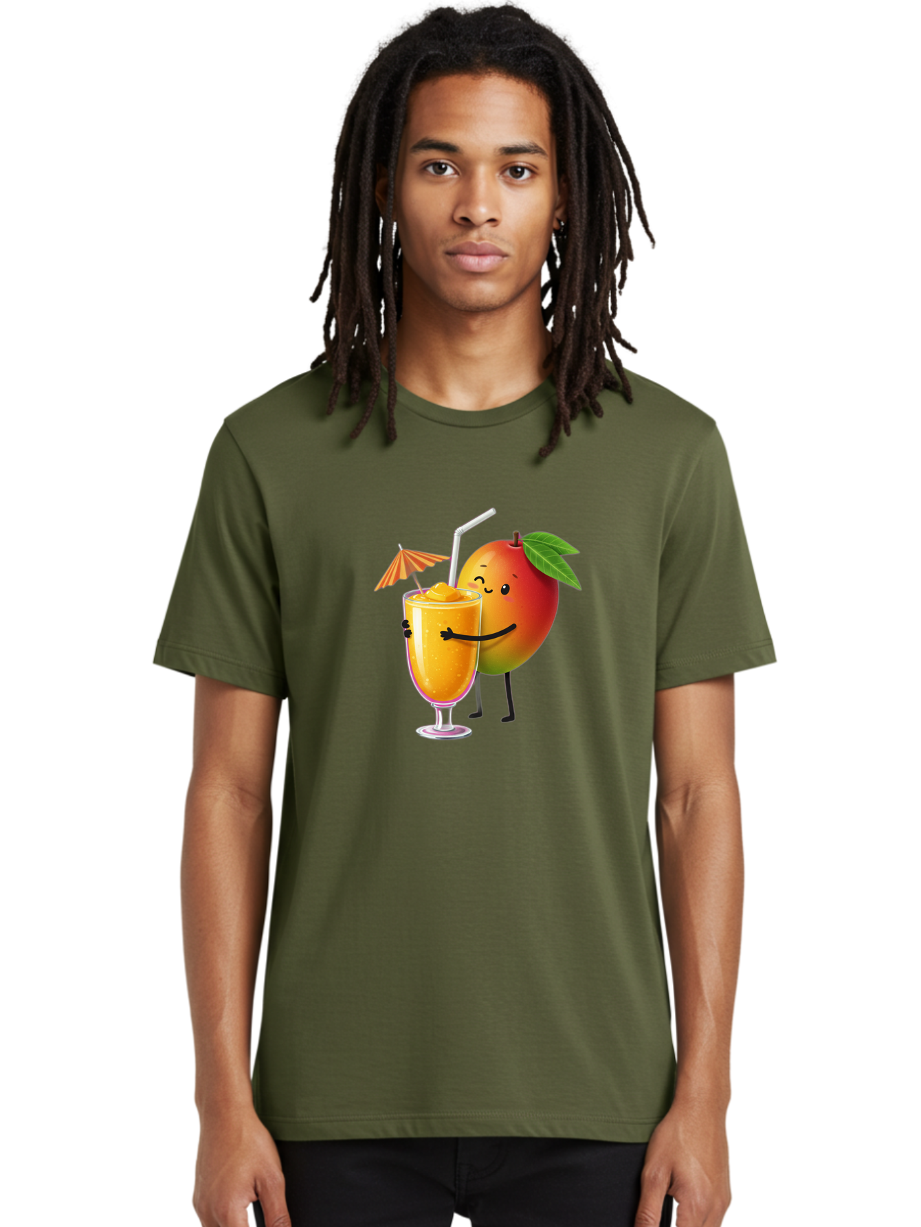 Mango-Smoothie-3 Men'S Graphic Tee, 100% Cotton, Comfortable Casual Summer Wear, Machine Washable, Mango Character, Smiling Face, Orange Drink, Straw, Umbrella, Cartoon Style, Funny, Vibrant Orange, Tropical Flavors, Happy Emoji, Smoothie, Bac155