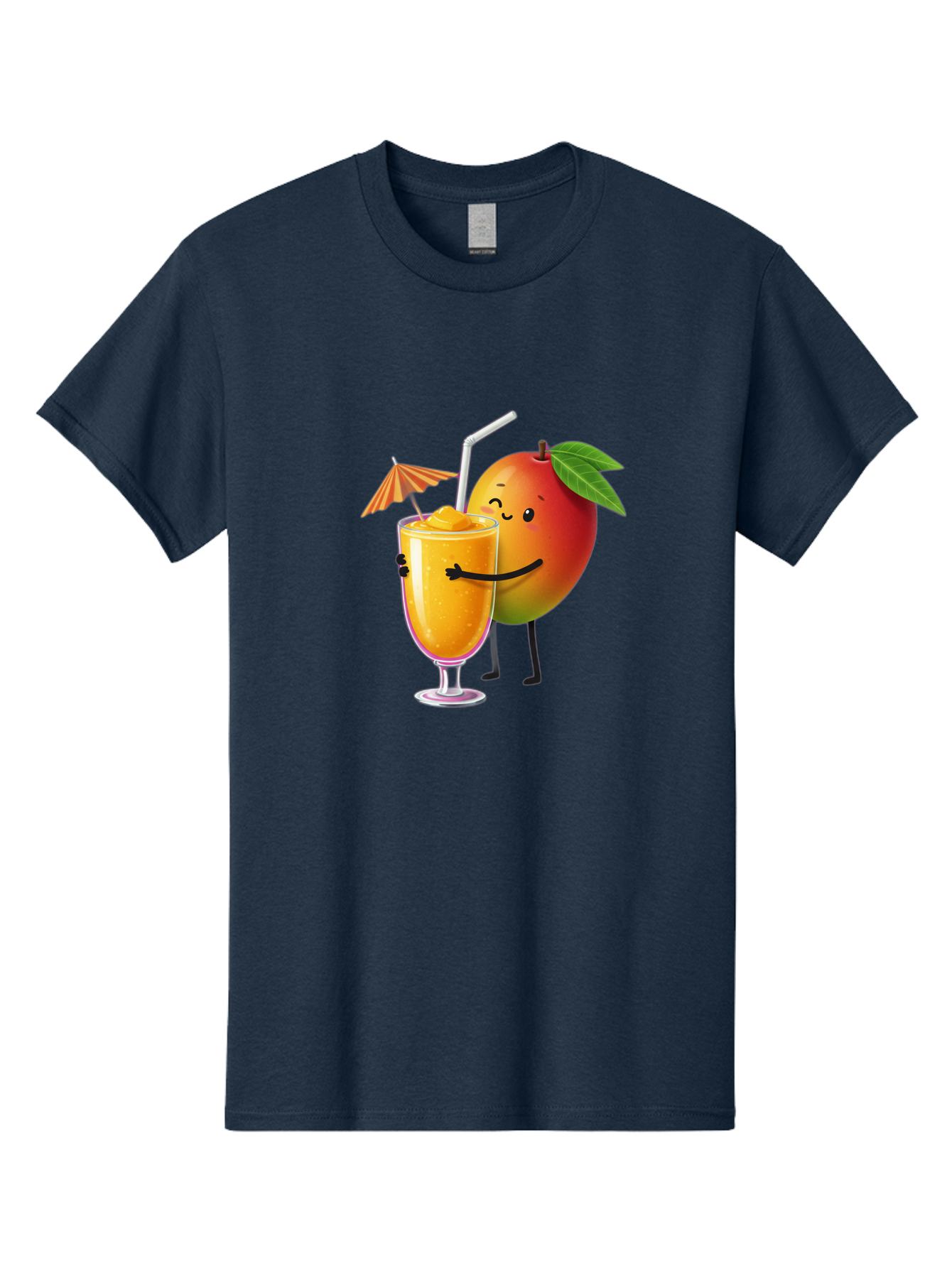 Mango-Smoothie-3 Men'S Graphic Tee, 100% Cotton, Comfortable Casual Summer Wear, Machine Washable, Mango Character, Smiling Face, Orange Drink, Straw, Umbrella, Cartoon Style, Funny, Vibrant Orange, Tropical Flavors, Happy Emoji, Smoothie, Bac155