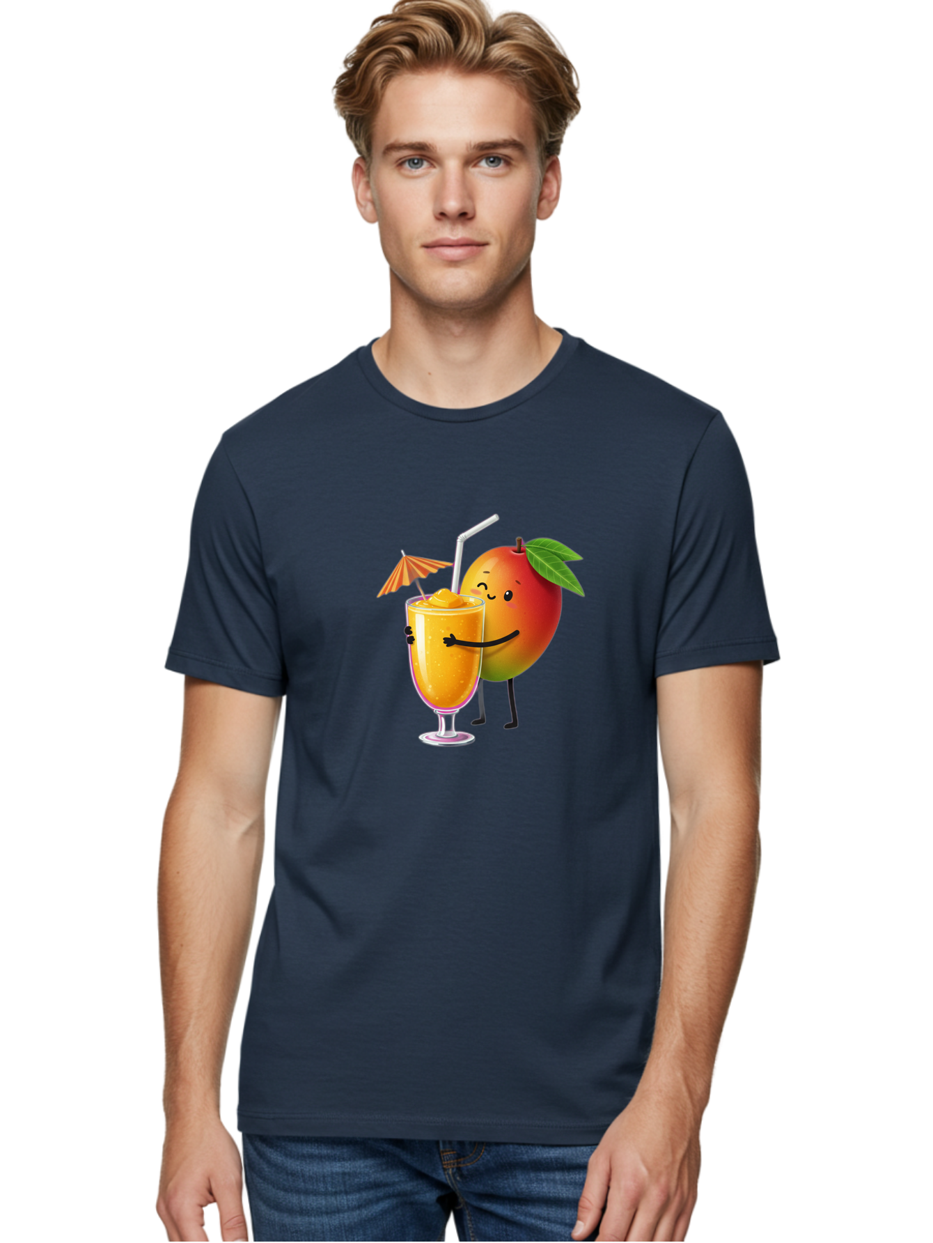 Mango-Smoothie-3 Men'S Graphic Tee, 100% Cotton, Comfortable Casual Summer Wear, Machine Washable, Mango Character, Smiling Face, Orange Drink, Straw, Umbrella, Cartoon Style, Funny, Vibrant Orange, Tropical Flavors, Happy Emoji, Smoothie, Bac155