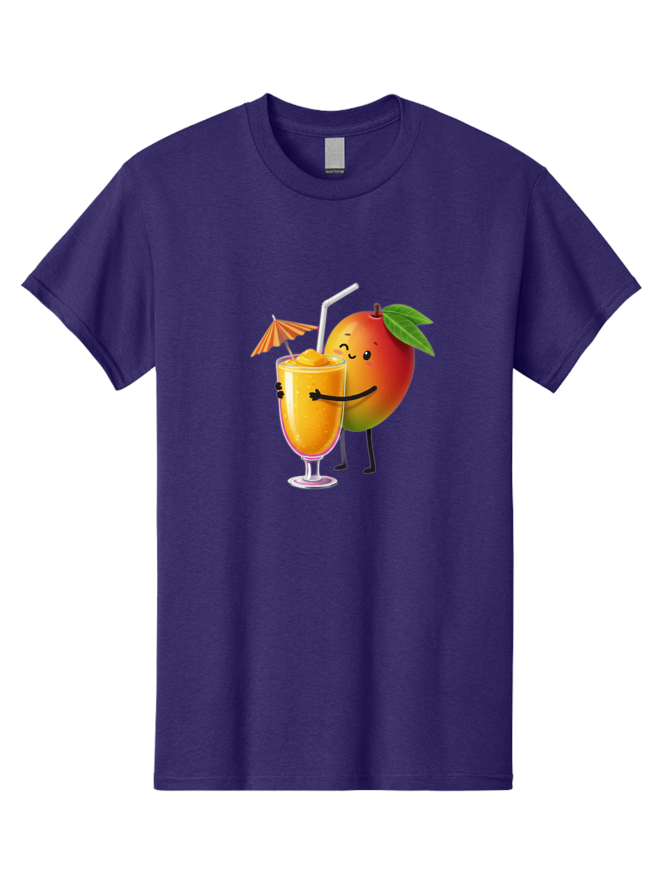 Mango-Smoothie-3 Men'S Graphic Tee, 100% Cotton, Comfortable Casual Summer Wear, Machine Washable, Mango Character, Smiling Face, Orange Drink, Straw, Umbrella, Cartoon Style, Funny, Vibrant Orange, Tropical Flavors, Happy Emoji, Smoothie, Bac155