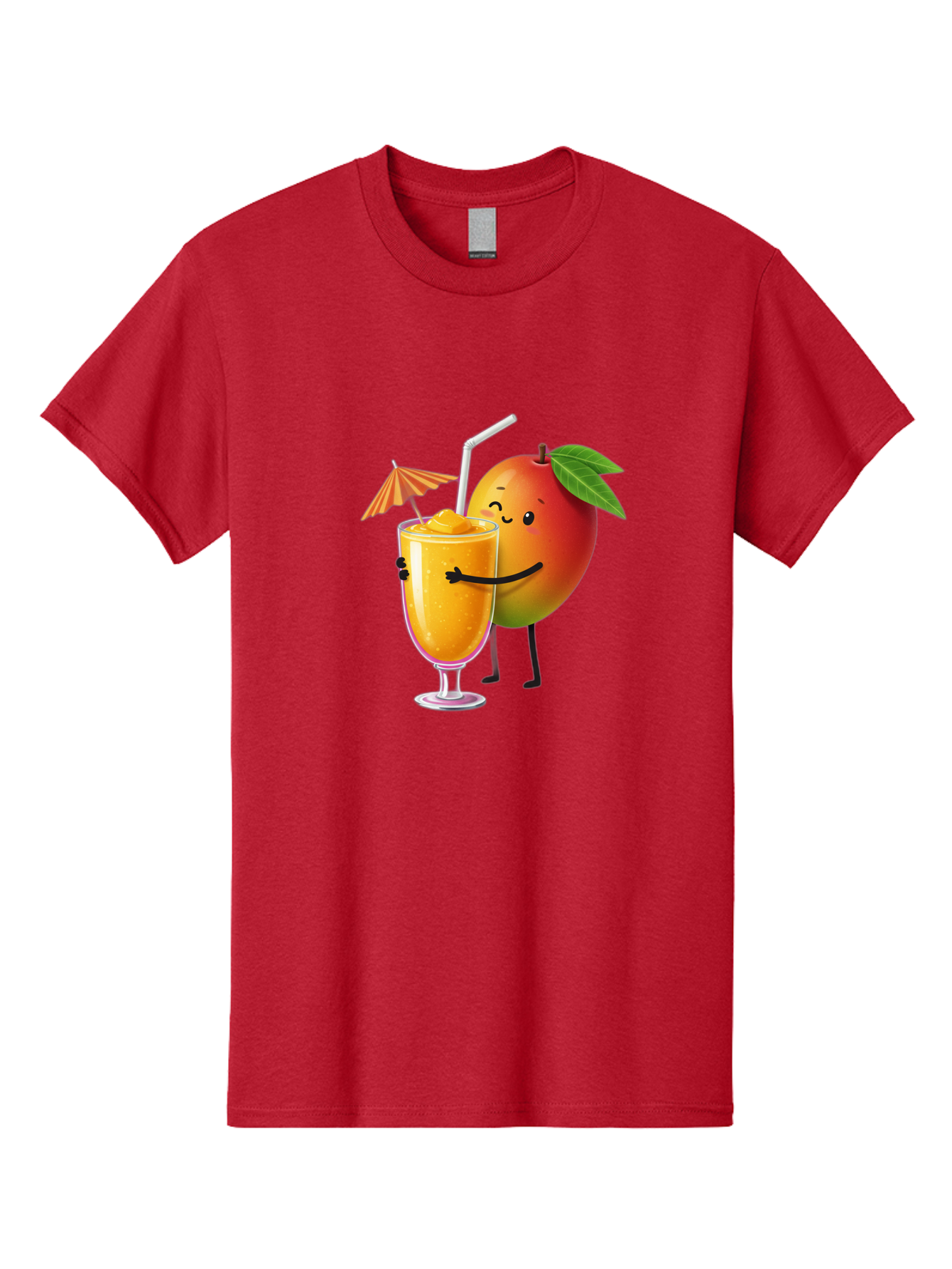 Mango-Smoothie-3 Men'S Graphic Tee, 100% Cotton, Comfortable Casual Summer Wear, Machine Washable, Mango Character, Smiling Face, Orange Drink, Straw, Umbrella, Cartoon Style, Funny, Vibrant Orange, Tropical Flavors, Happy Emoji, Smoothie, Bac155