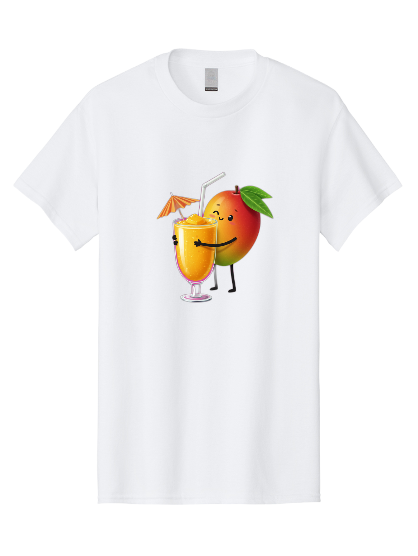Mango-Smoothie-3 Men'S Graphic Tee, 100% Cotton, Comfortable Casual Summer Wear, Machine Washable, Mango Character, Smiling Face, Orange Drink, Straw, Umbrella, Cartoon Style, Funny, Vibrant Orange, Tropical Flavors, Happy Emoji, Smoothie, Bac155