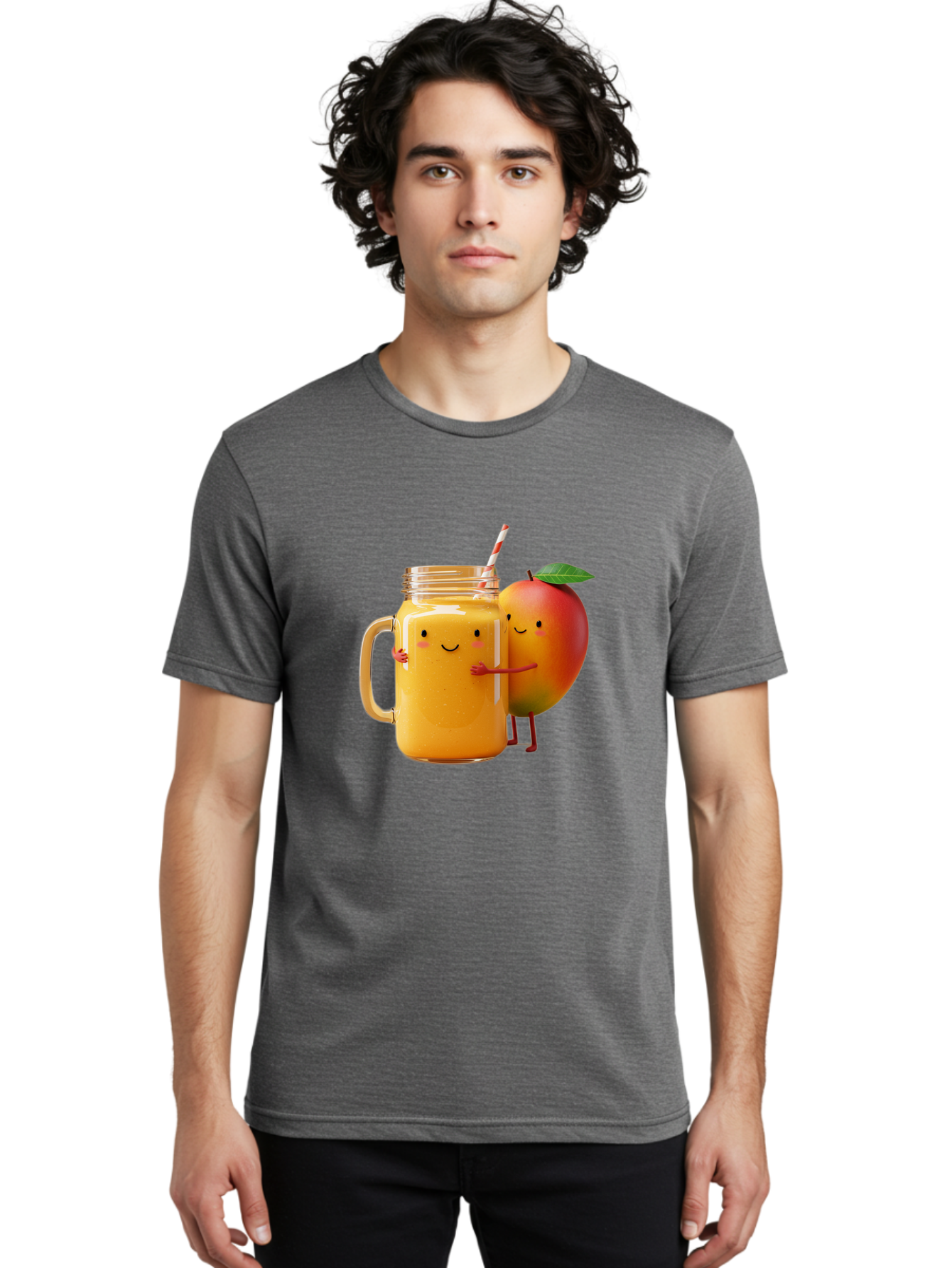 Mango-Smoothie-4 Men'S Graphic Tee, 100% Cotton, Comfortable Casual Summer Wear, Machine Washable, Mason Jar With Straw, Smiling Jar, Mango Character, Orange Smoothie, Healthy Drink, Cartoon-Style Illustration, Smiling Faces, Happy Vibe, Bac156