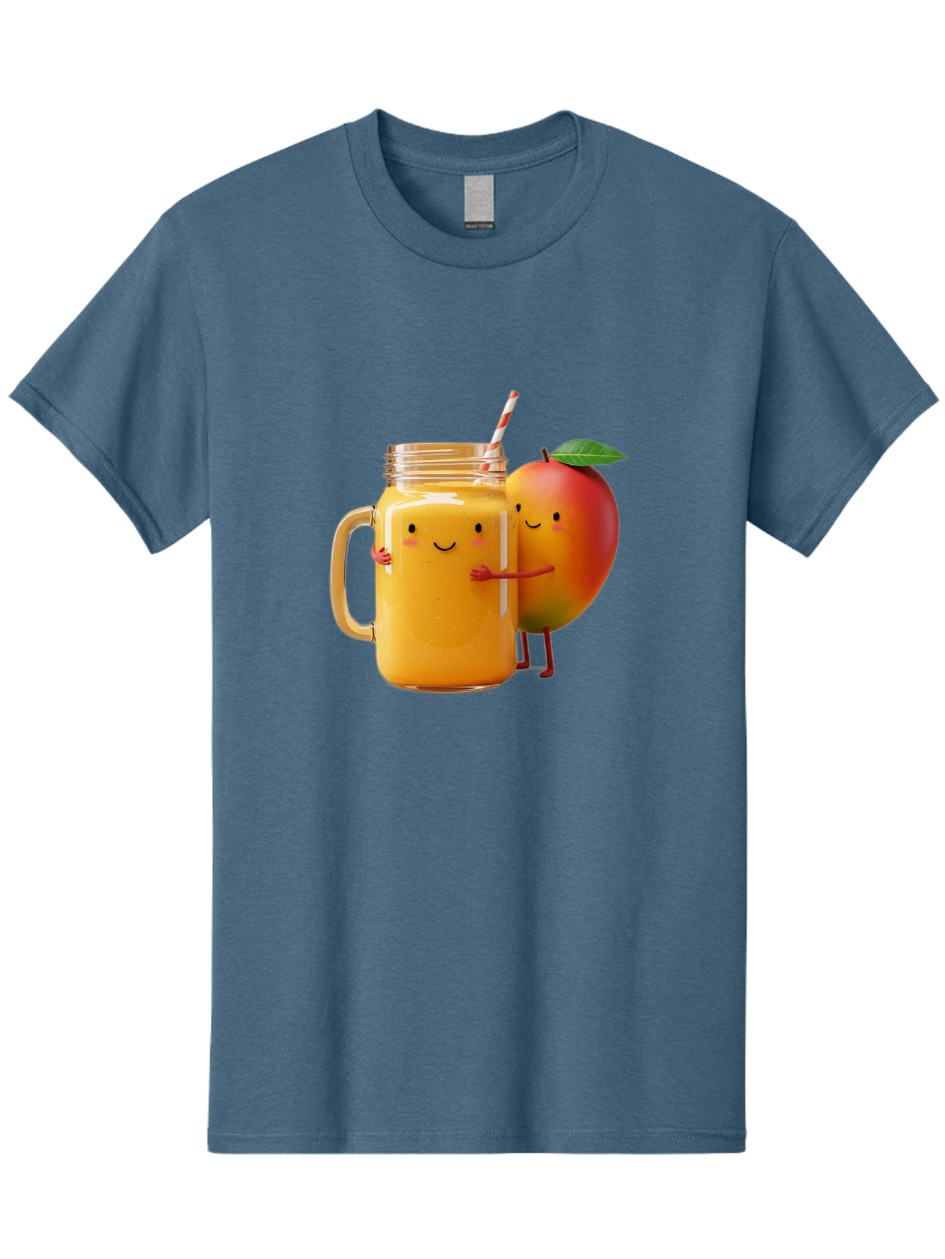 Mango-Smoothie-4 Men'S Graphic Tee, 100% Cotton, Comfortable Casual Summer Wear, Machine Washable, Mason Jar With Straw, Smiling Jar, Mango Character, Orange Smoothie, Healthy Drink, Cartoon-Style Illustration, Smiling Faces, Happy Vibe, Bac156