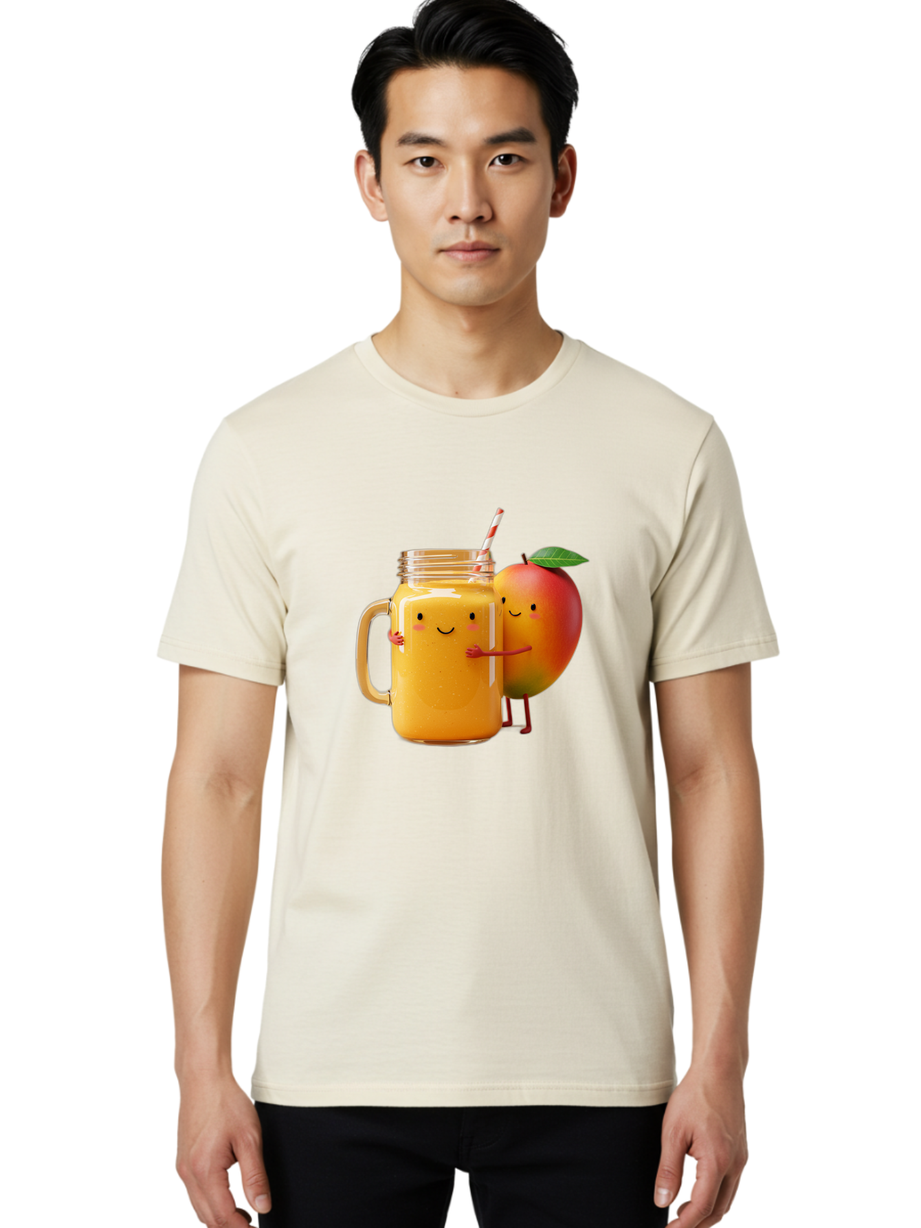 Mango-Smoothie-4 Men'S Graphic Tee, 100% Cotton, Comfortable Casual Summer Wear, Machine Washable, Mason Jar With Straw, Smiling Jar, Mango Character, Orange Smoothie, Healthy Drink, Cartoon-Style Illustration, Smiling Faces, Happy Vibe, Bac156