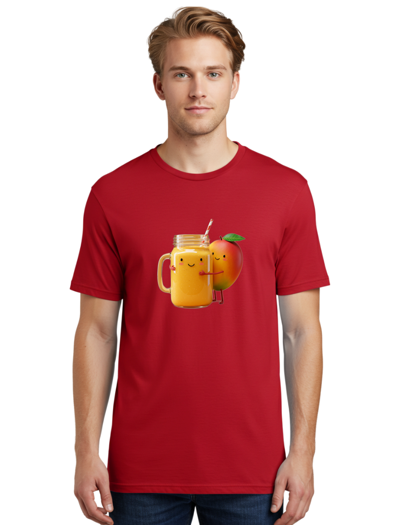 Mango-Smoothie-4 Men'S Graphic Tee, 100% Cotton, Comfortable Casual Summer Wear, Machine Washable, Mason Jar With Straw, Smiling Jar, Mango Character, Orange Smoothie, Healthy Drink, Cartoon-Style Illustration, Smiling Faces, Happy Vibe, Bac156