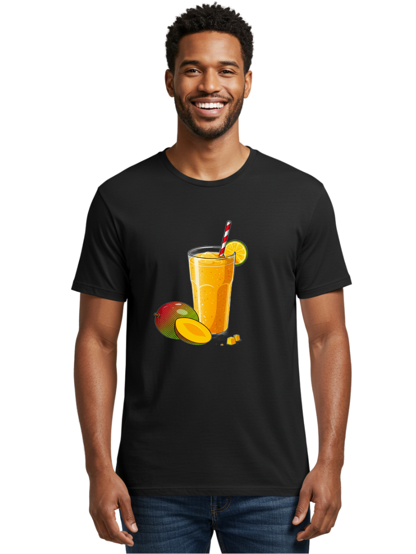Mango-Smoothie-5 Men'S Graphic Tee, 100% Cotton, Comfortable Casual Summer Wear, Machine Washable, Mango Smoothie, Orange Slice, Red And White Straw, Refreshing Drink, Citrus Flavor, Tropical Fruit, Mango Chunks, Healthy Beverage, Summer Treat Bac157