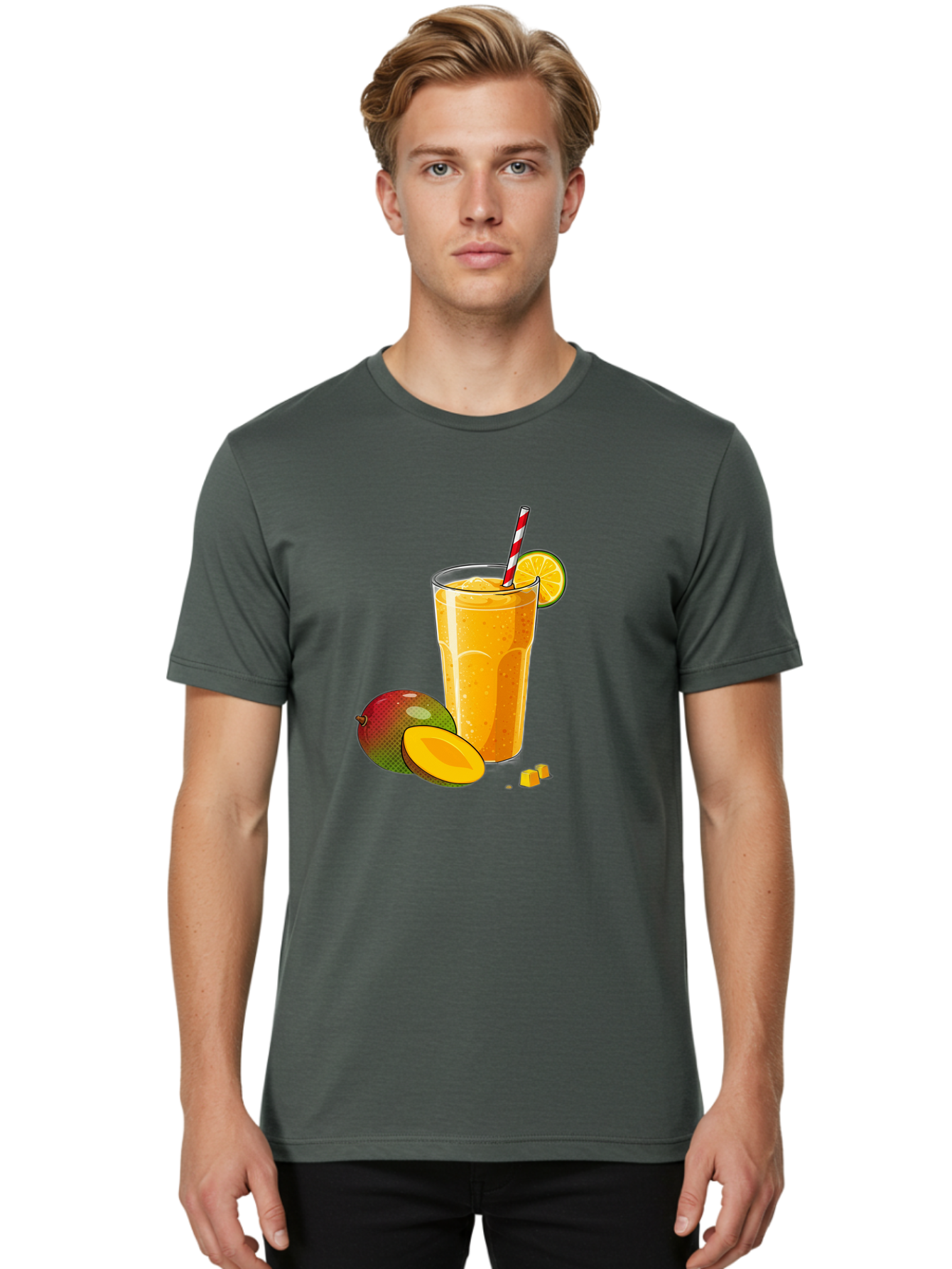 Mango-Smoothie-5 Men'S Graphic Tee, 100% Cotton, Comfortable Casual Summer Wear, Machine Washable, Mango Smoothie, Orange Slice, Red And White Straw, Refreshing Drink, Citrus Flavor, Tropical Fruit, Mango Chunks, Healthy Beverage, Summer Treat Bac157