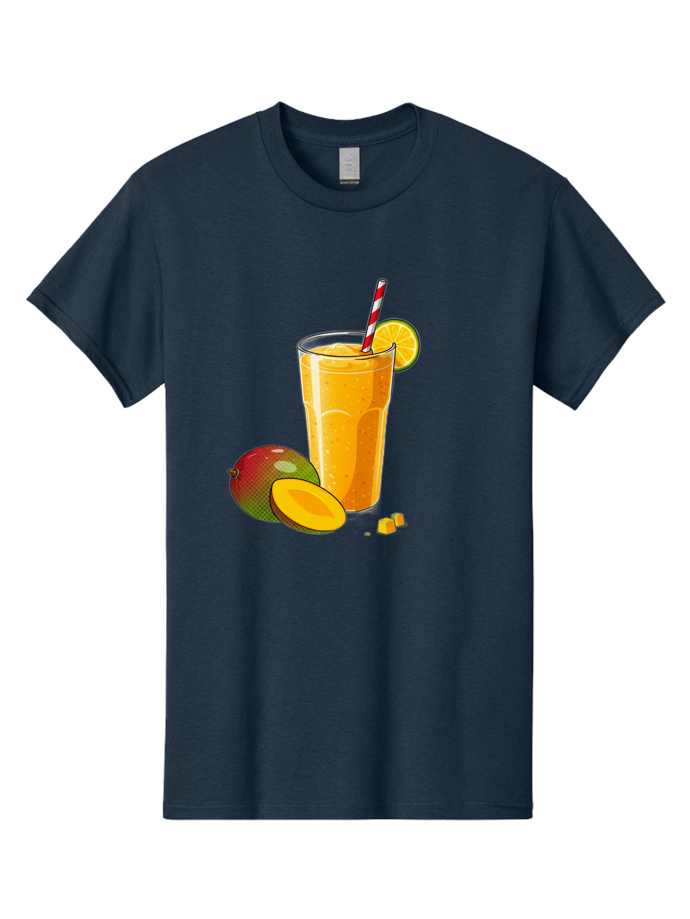 Mango-Smoothie-5 Men'S Graphic Tee, 100% Cotton, Comfortable Casual Summer Wear, Machine Washable, Mango Smoothie, Orange Slice, Red And White Straw, Refreshing Drink, Citrus Flavor, Tropical Fruit, Mango Chunks, Healthy Beverage, Summer Treat Bac157