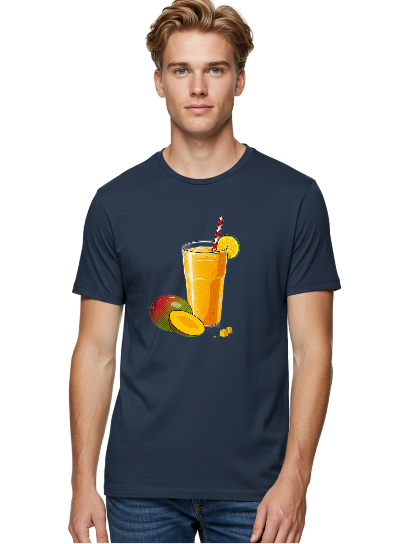 Mango-Smoothie-5 Men'S Graphic Tee, 100% Cotton, Comfortable Casual Summer Wear, Machine Washable, Mango Smoothie, Orange Slice, Red And White Straw, Refreshing Drink, Citrus Flavor, Tropical Fruit, Mango Chunks, Healthy Beverage, Summer Treat Bac157