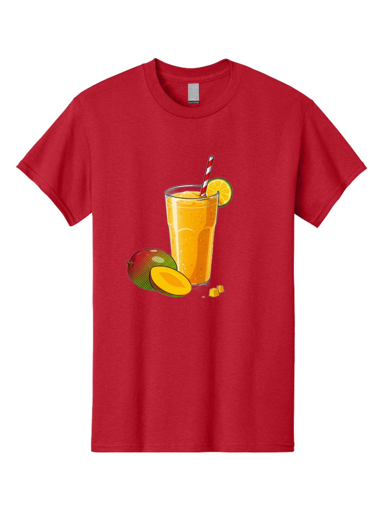 Mango-Smoothie-5 Men'S Graphic Tee, 100% Cotton, Comfortable Casual Summer Wear, Machine Washable, Mango Smoothie, Orange Slice, Red And White Straw, Refreshing Drink, Citrus Flavor, Tropical Fruit, Mango Chunks, Healthy Beverage, Summer Treat Bac157