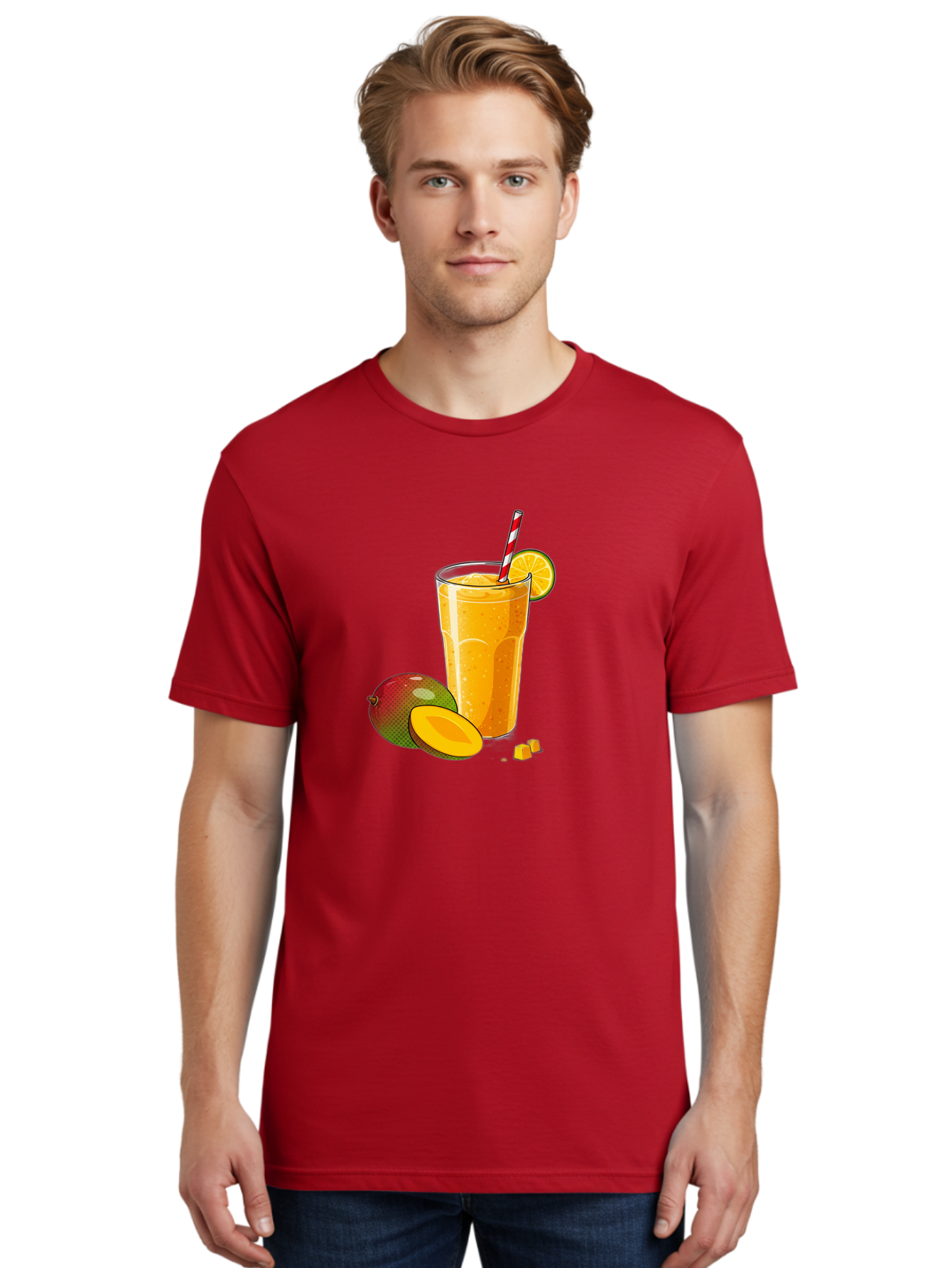 Mango-Smoothie-5 Men'S Graphic Tee, 100% Cotton, Comfortable Casual Summer Wear, Machine Washable, Mango Smoothie, Orange Slice, Red And White Straw, Refreshing Drink, Citrus Flavor, Tropical Fruit, Mango Chunks, Healthy Beverage, Summer Treat Bac157