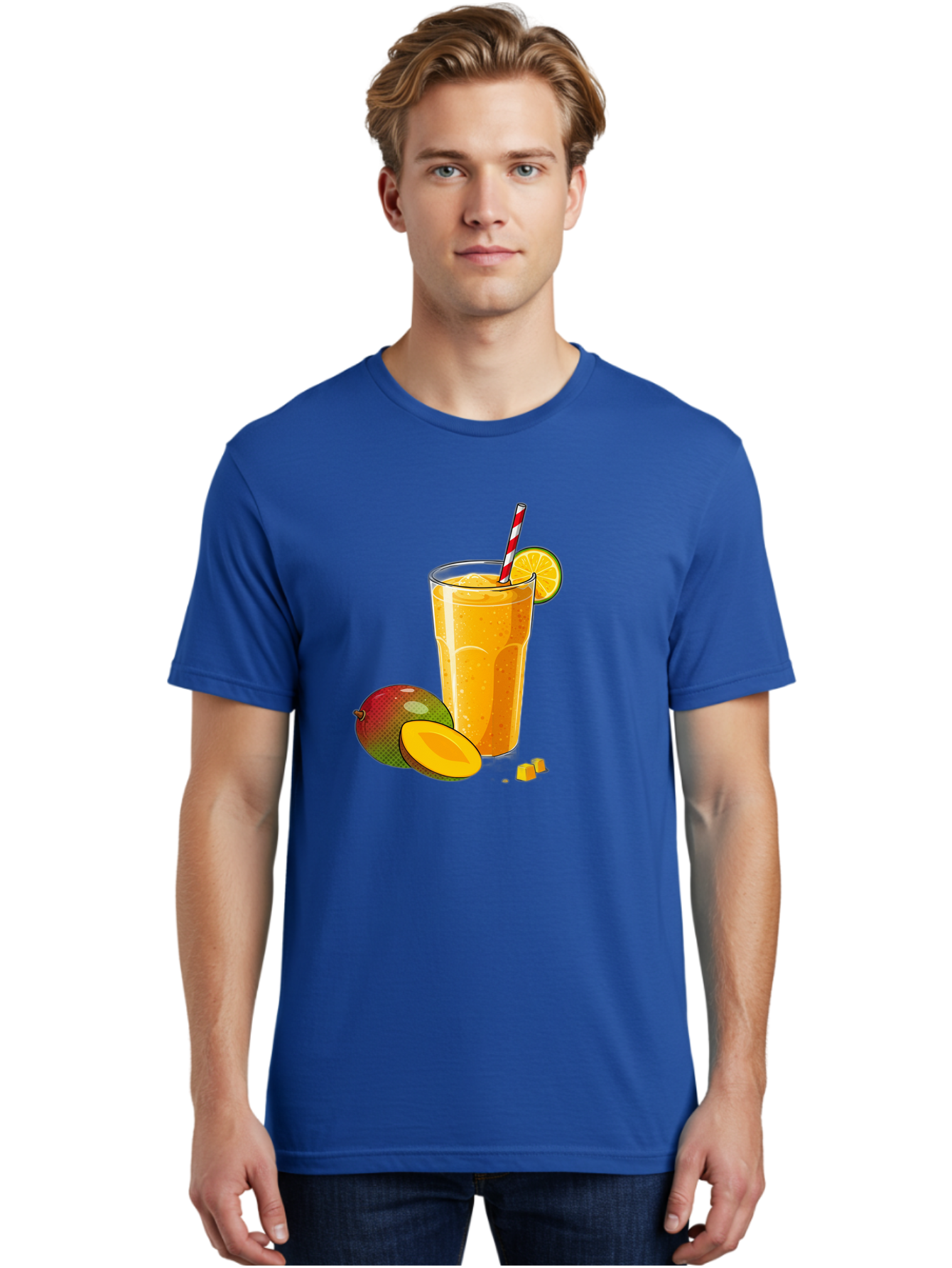 Mango-Smoothie-5 Men'S Graphic Tee, 100% Cotton, Comfortable Casual Summer Wear, Machine Washable, Mango Smoothie, Orange Slice, Red And White Straw, Refreshing Drink, Citrus Flavor, Tropical Fruit, Mango Chunks, Healthy Beverage, Summer Treat Bac157