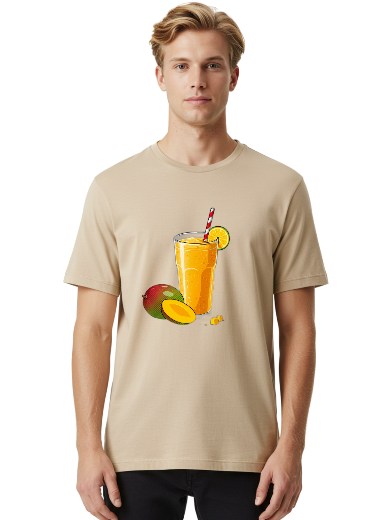 Mango-Smoothie-5 Men'S Graphic Tee, 100% Cotton, Comfortable Casual Summer Wear, Machine Washable, Mango Smoothie, Orange Slice, Red And White Straw, Refreshing Drink, Citrus Flavor, Tropical Fruit, Mango Chunks, Healthy Beverage, Summer Treat Bac157