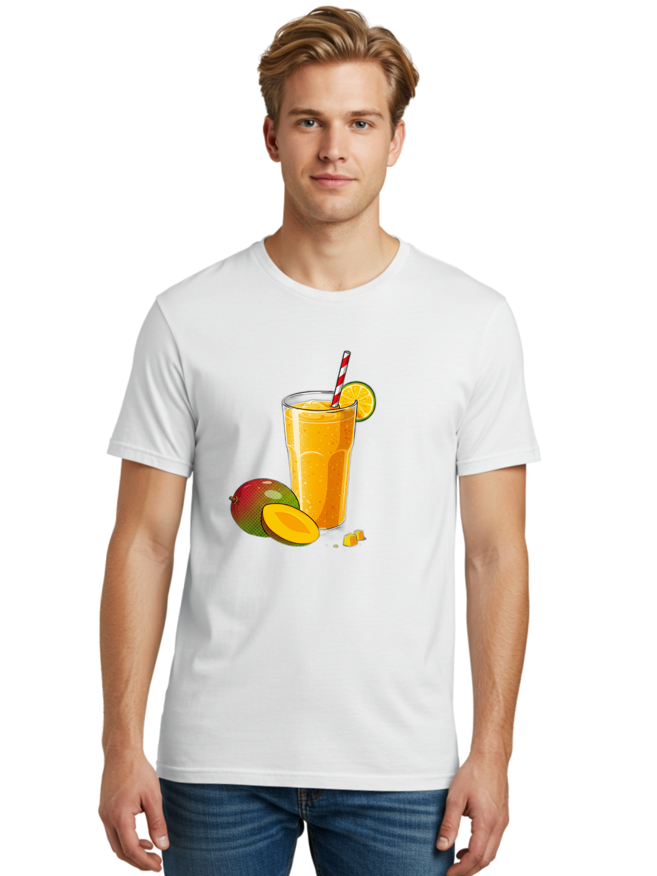Mango-Smoothie-5 Men'S Graphic Tee, 100% Cotton, Comfortable Casual Summer Wear, Machine Washable, Mango Smoothie, Orange Slice, Red And White Straw, Refreshing Drink, Citrus Flavor, Tropical Fruit, Mango Chunks, Healthy Beverage, Summer Treat Bac157