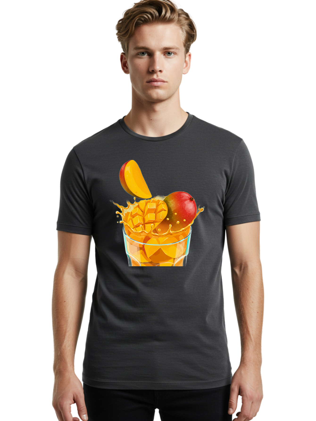 Mango-Smoothie-6 Men'S Graphic Tee, 100% Cotton, Comfortable Casual Summer Wear, Machine Washable, Fresh Mango, Mango Juice, Sliced Mango, Fruit Salad, Summer Drink, Fresh Fruit, Healthy Beverage, Tropical Flavors, Mango Chunks, Bac158