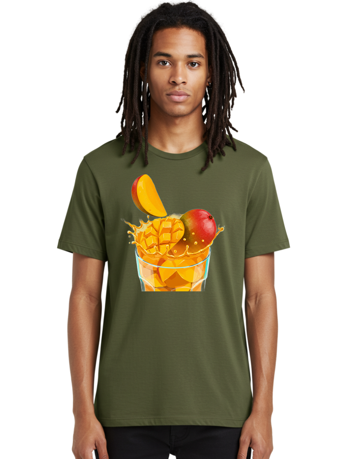 Mango-Smoothie-6 Men'S Graphic Tee, 100% Cotton, Comfortable Casual Summer Wear, Machine Washable, Fresh Mango, Mango Juice, Sliced Mango, Fruit Salad, Summer Drink, Fresh Fruit, Healthy Beverage, Tropical Flavors, Mango Chunks, Bac158