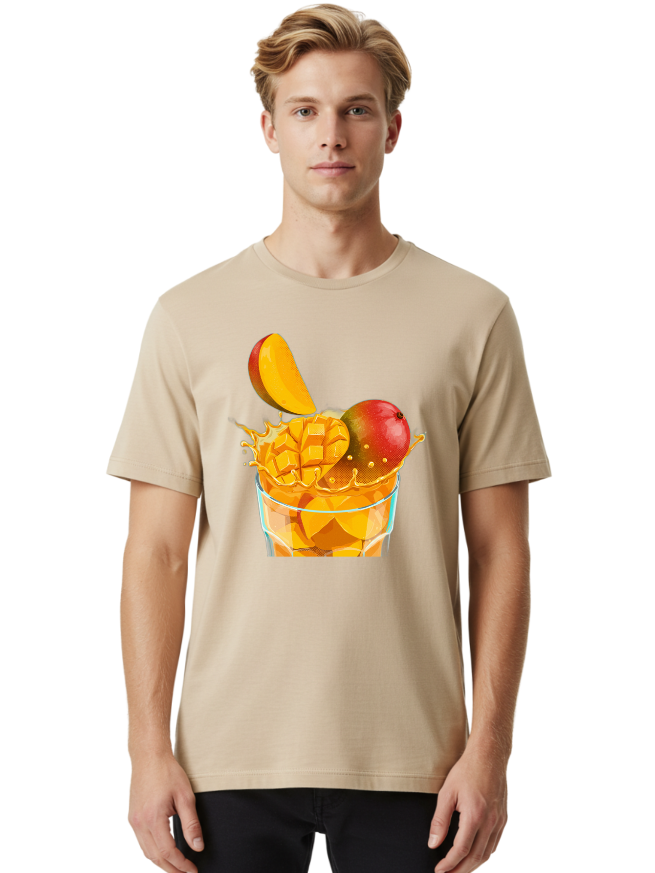 Mango-Smoothie-6 Men'S Graphic Tee, 100% Cotton, Comfortable Casual Summer Wear, Machine Washable, Fresh Mango, Mango Juice, Sliced Mango, Fruit Salad, Summer Drink, Fresh Fruit, Healthy Beverage, Tropical Flavors, Mango Chunks, Bac158