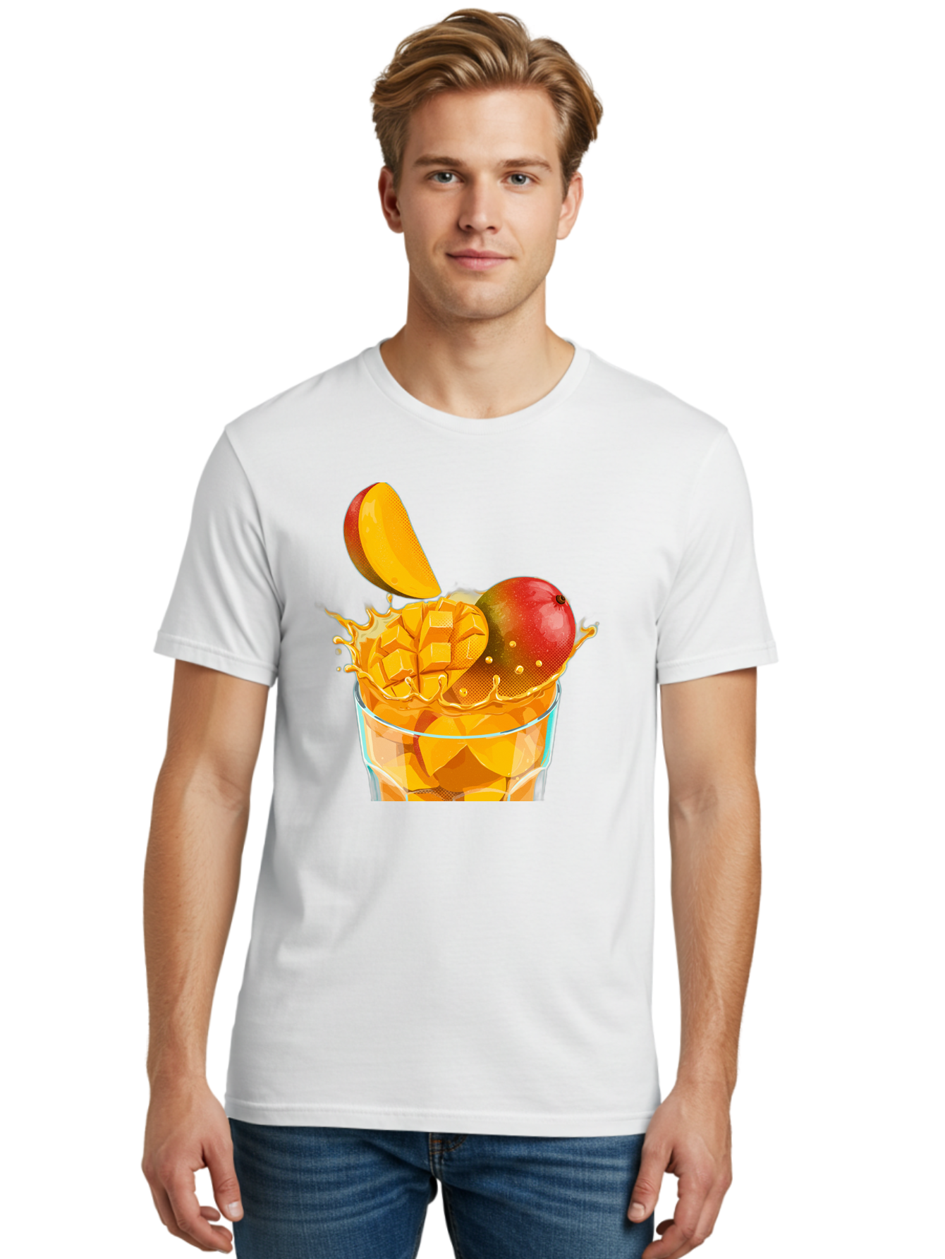 Mango-Smoothie-6 Men'S Graphic Tee, 100% Cotton, Comfortable Casual Summer Wear, Machine Washable, Fresh Mango, Mango Juice, Sliced Mango, Fruit Salad, Summer Drink, Fresh Fruit, Healthy Beverage, Tropical Flavors, Mango Chunks, Bac158