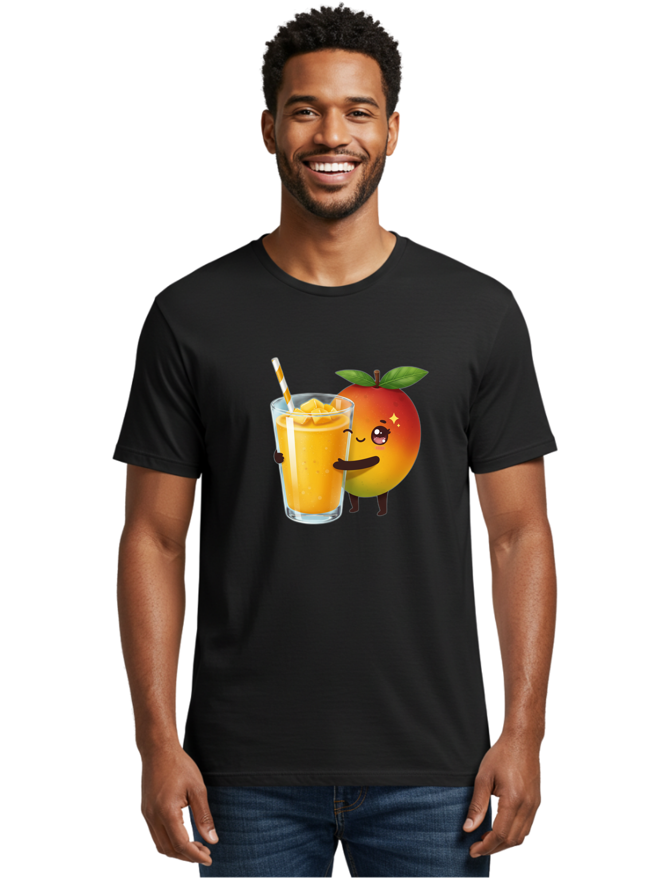 Mango-Smoothie Men'S Graphic Tee, 100% Cotton, Comfortable Casual Summer Wear, Machine Washable, Mango Smoothie, Orange Drink, Cartoon Fruit, Yellow Beverage, Glass With Straw, Mango Chunks, Fruit Character, Healthy Drink, Refreshing Beverage, Bac160