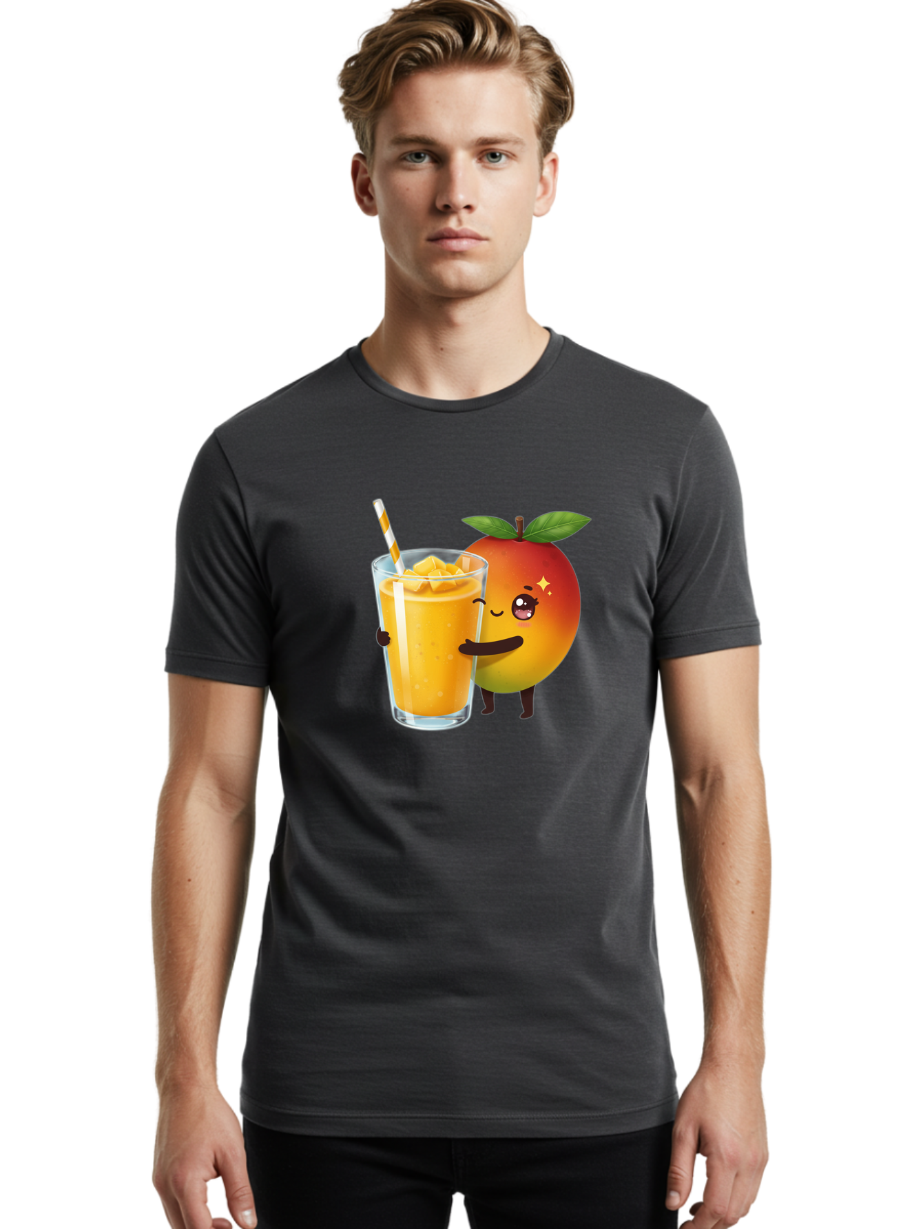 Mango-Smoothie Men'S Graphic Tee, 100% Cotton, Comfortable Casual Summer Wear, Machine Washable, Mango Smoothie, Orange Drink, Cartoon Fruit, Yellow Beverage, Glass With Straw, Mango Chunks, Fruit Character, Healthy Drink, Refreshing Beverage, Bac160