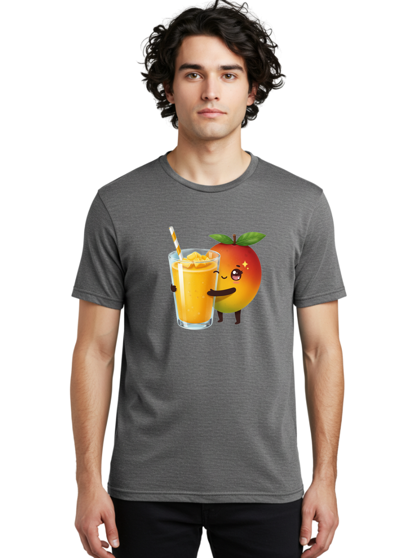 Mango-Smoothie Men'S Graphic Tee, 100% Cotton, Comfortable Casual Summer Wear, Machine Washable, Mango Smoothie, Orange Drink, Cartoon Fruit, Yellow Beverage, Glass With Straw, Mango Chunks, Fruit Character, Healthy Drink, Refreshing Beverage, Bac160