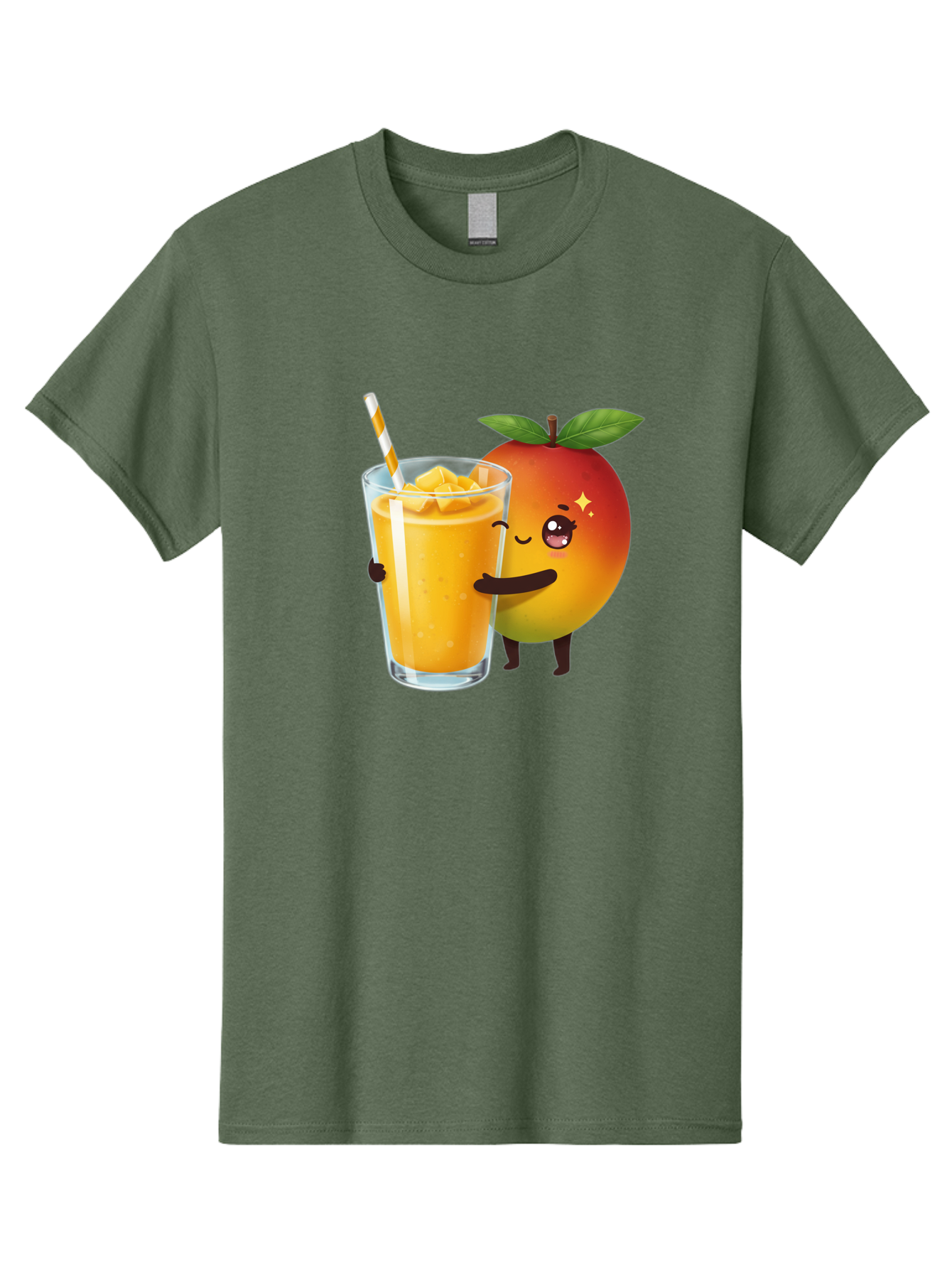 Mango-Smoothie Men'S Graphic Tee, 100% Cotton, Comfortable Casual Summer Wear, Machine Washable, Mango Smoothie, Orange Drink, Cartoon Fruit, Yellow Beverage, Glass With Straw, Mango Chunks, Fruit Character, Healthy Drink, Refreshing Beverage, Bac160