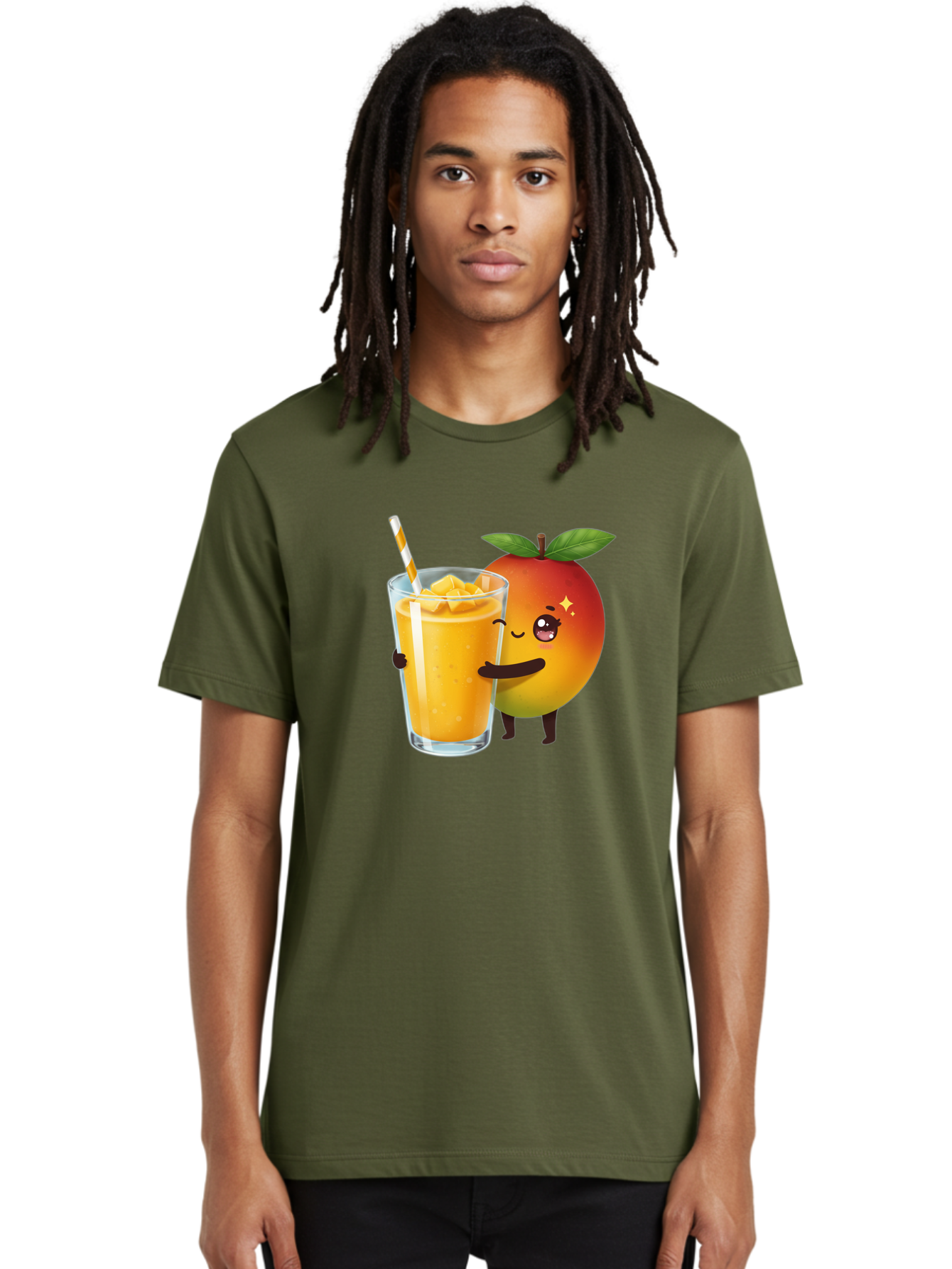 Mango-Smoothie Men'S Graphic Tee, 100% Cotton, Comfortable Casual Summer Wear, Machine Washable, Mango Smoothie, Orange Drink, Cartoon Fruit, Yellow Beverage, Glass With Straw, Mango Chunks, Fruit Character, Healthy Drink, Refreshing Beverage, Bac160