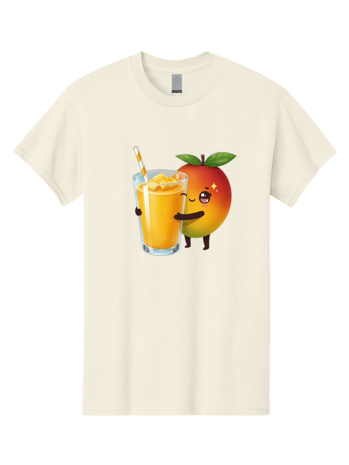 Mango-Smoothie Men'S Graphic Tee, 100% Cotton, Comfortable Casual Summer Wear, Machine Washable, Mango Smoothie, Orange Drink, Cartoon Fruit, Yellow Beverage, Glass With Straw, Mango Chunks, Fruit Character, Healthy Drink, Refreshing Beverage, Bac160