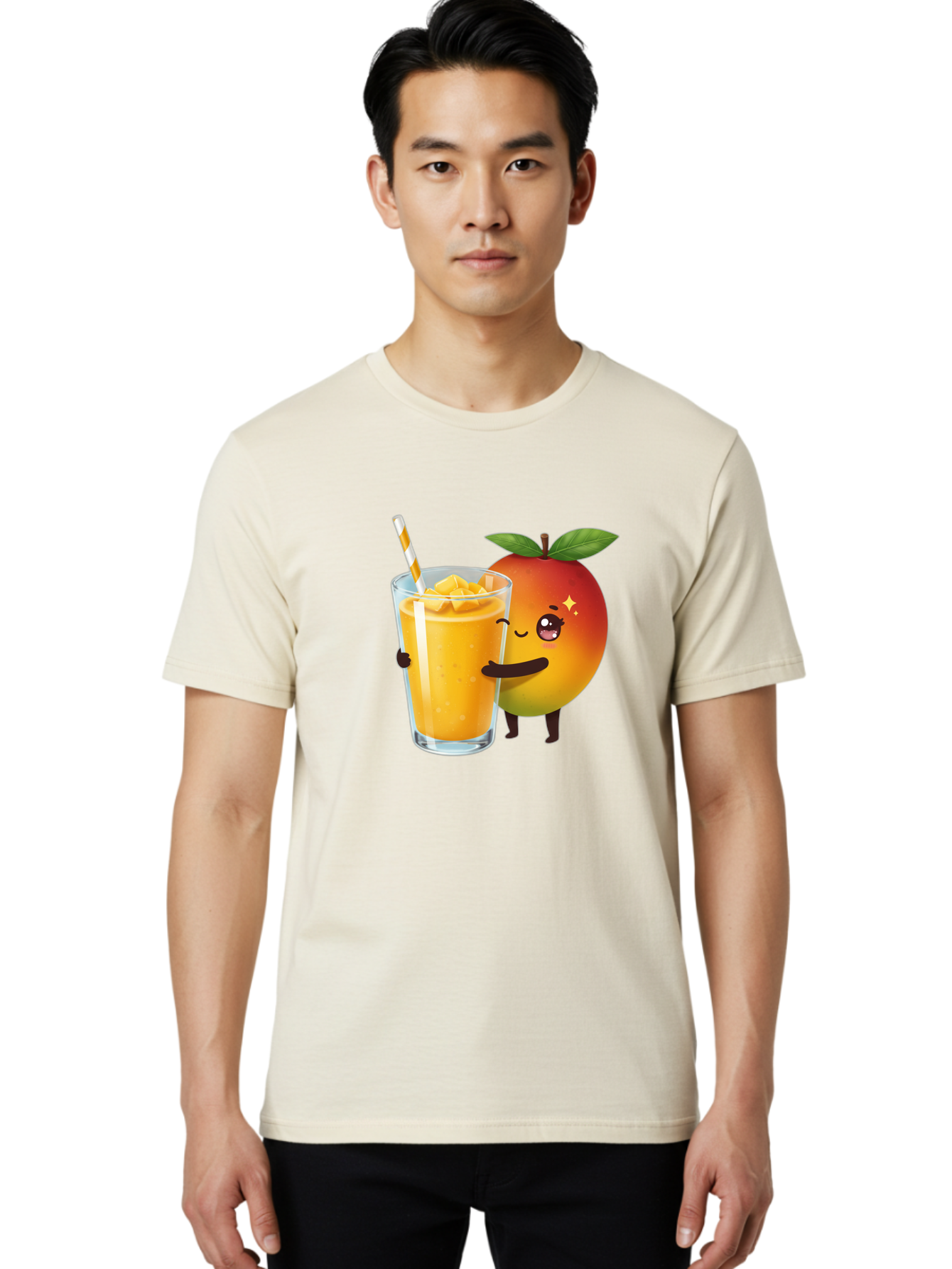 Mango-Smoothie Men'S Graphic Tee, 100% Cotton, Comfortable Casual Summer Wear, Machine Washable, Mango Smoothie, Orange Drink, Cartoon Fruit, Yellow Beverage, Glass With Straw, Mango Chunks, Fruit Character, Healthy Drink, Refreshing Beverage, Bac160