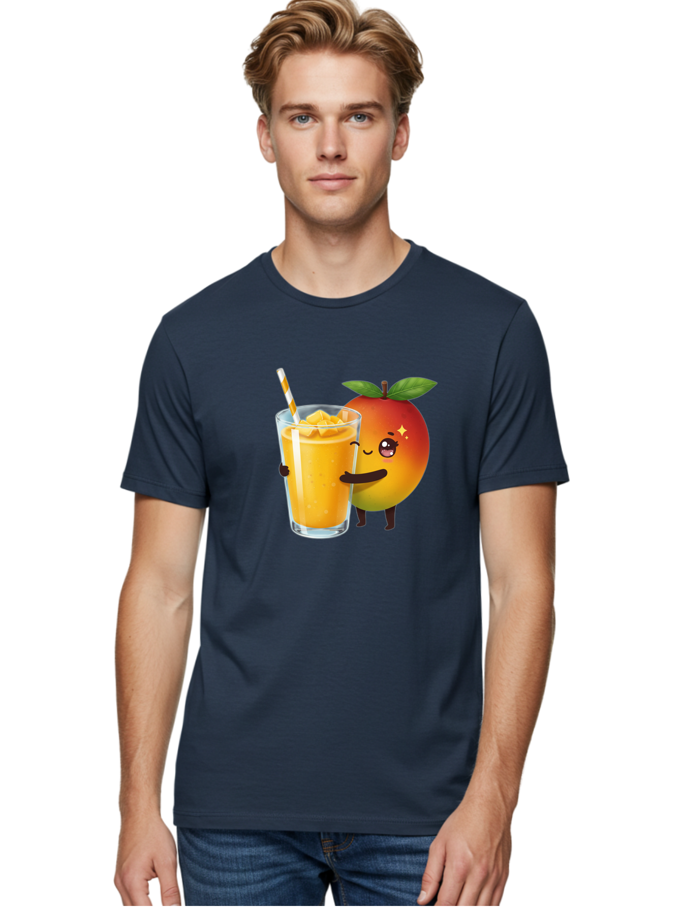 Mango-Smoothie Men'S Graphic Tee, 100% Cotton, Comfortable Casual Summer Wear, Machine Washable, Mango Smoothie, Orange Drink, Cartoon Fruit, Yellow Beverage, Glass With Straw, Mango Chunks, Fruit Character, Healthy Drink, Refreshing Beverage, Bac160